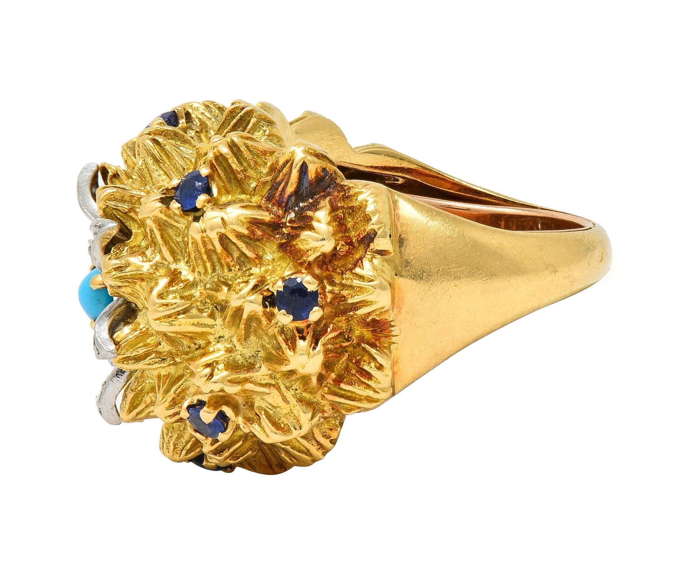 French Sapphire Diamond Turquoise Platinum 18 Karat Yellow Gold Cactus Ring 2