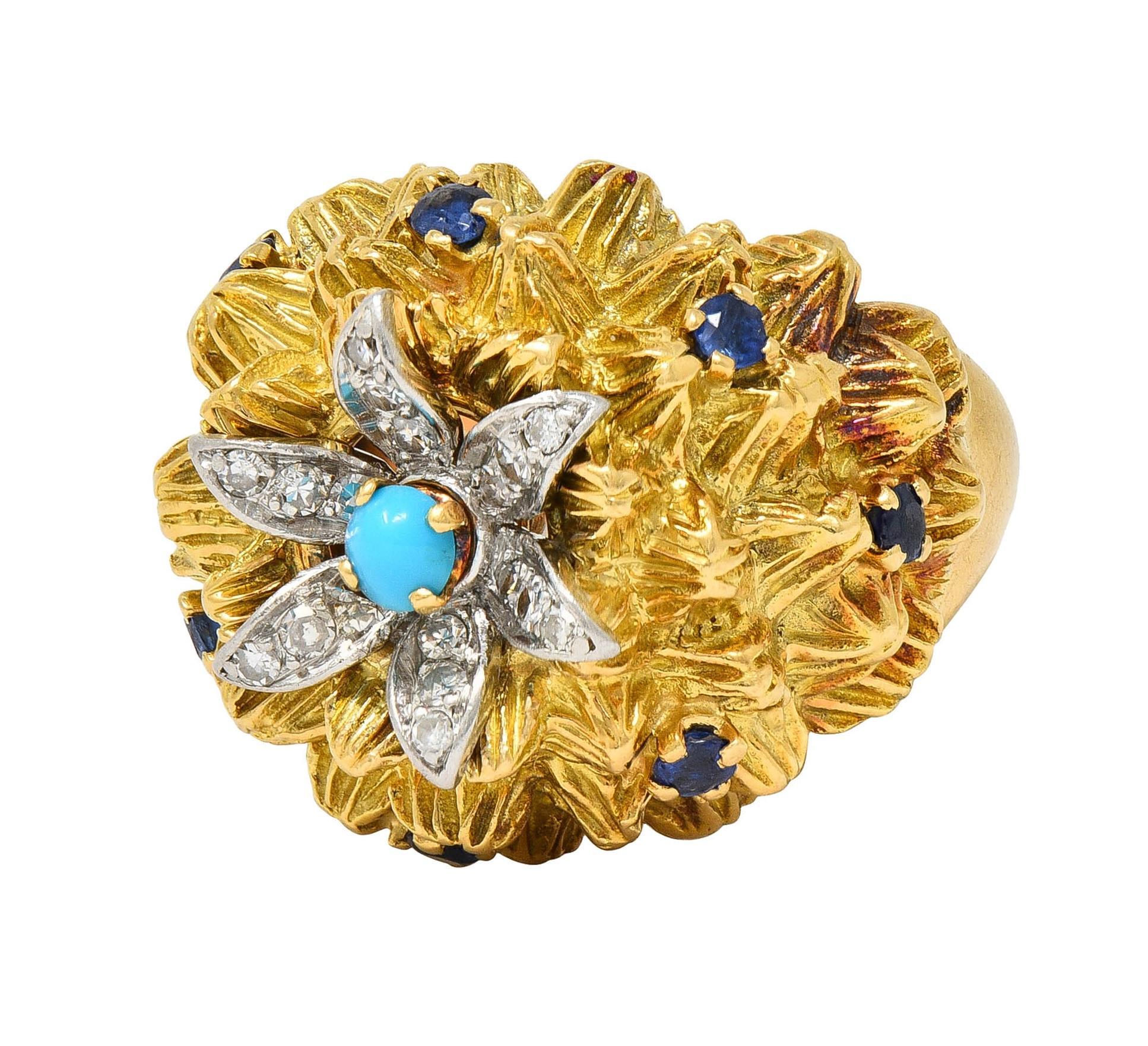 French Sapphire Diamond Turquoise Platinum 18 Karat Yellow Gold Cactus Ring 3