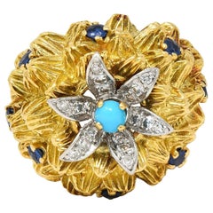 French Sapphire Diamond Turquoise Platinum 18 Karat Yellow Gold Cactus Ring