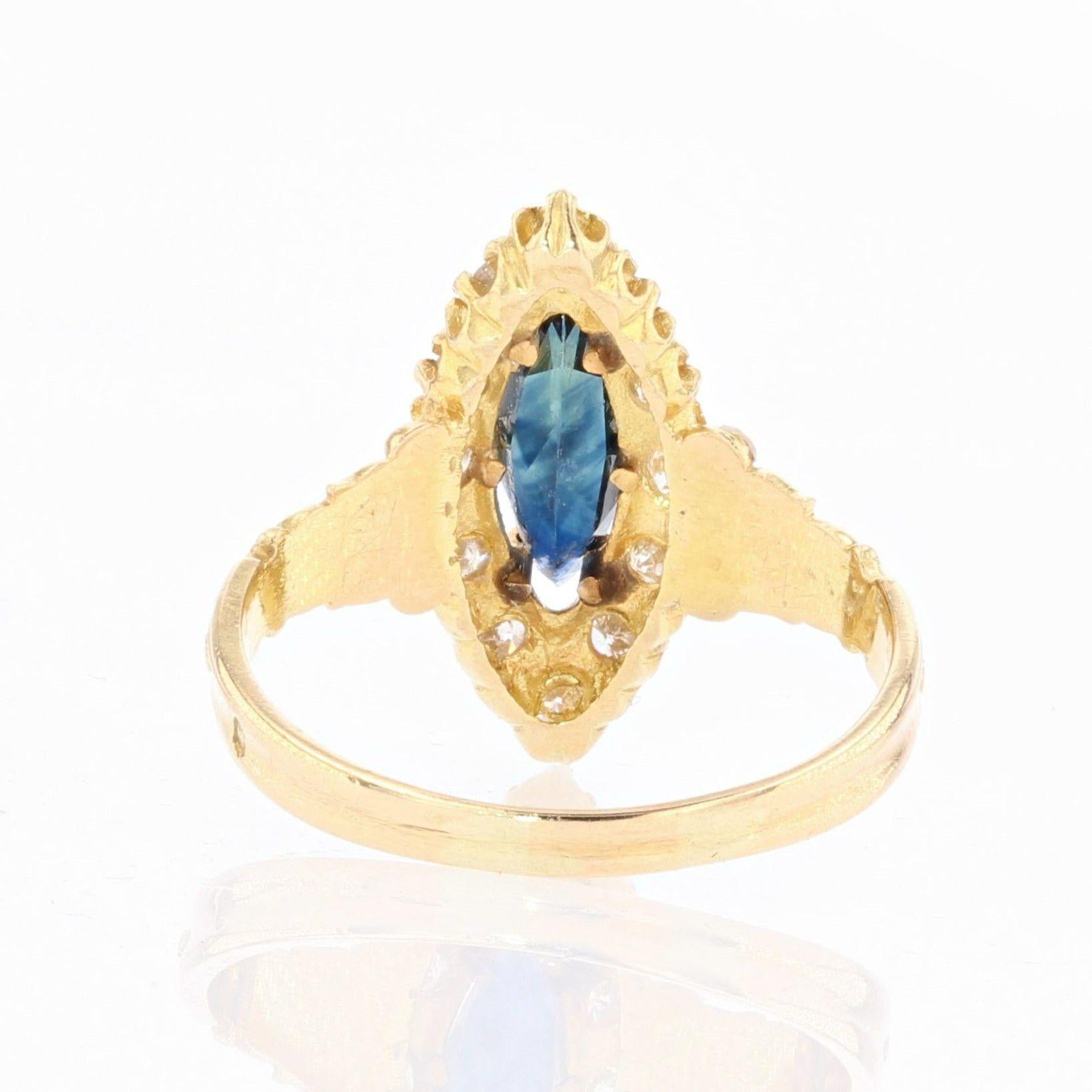French Sapphire Diamonds 18 Karat Yellow Gold Shuttle Ring For Sale 4