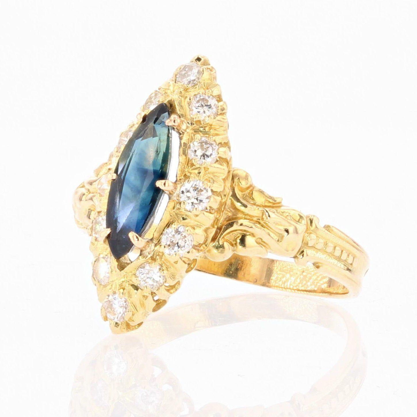 Modern French Sapphire Diamonds 18 Karat Yellow Gold Shuttle Ring For Sale