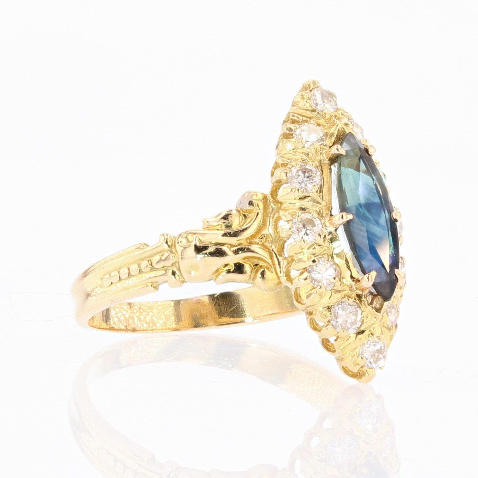 French Sapphire Diamonds 18 Karat Yellow Gold Shuttle Ring In Excellent Condition For Sale In Poitiers, FR