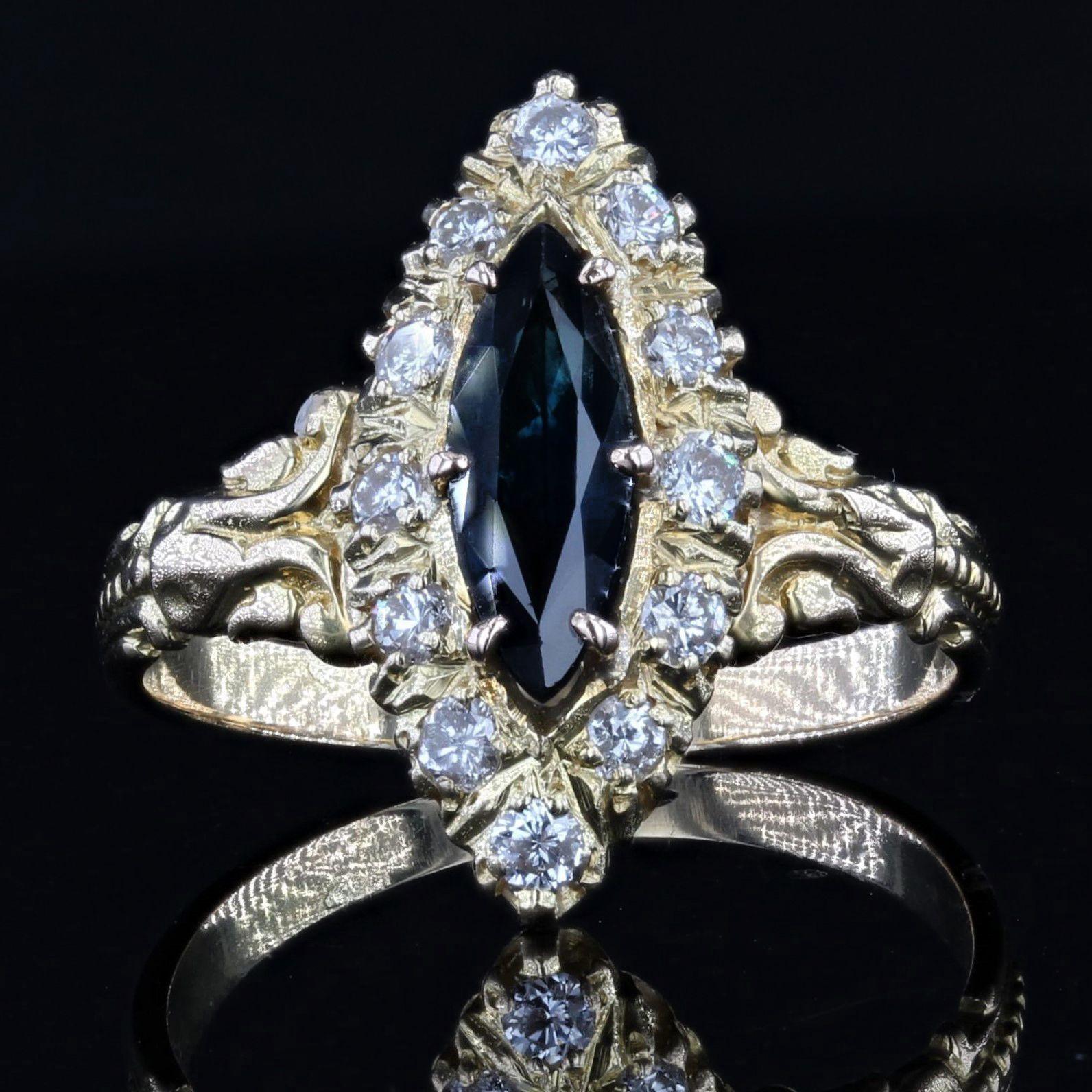 French Sapphire Diamonds 18 Karat Yellow Gold Shuttle Ring For Sale 1