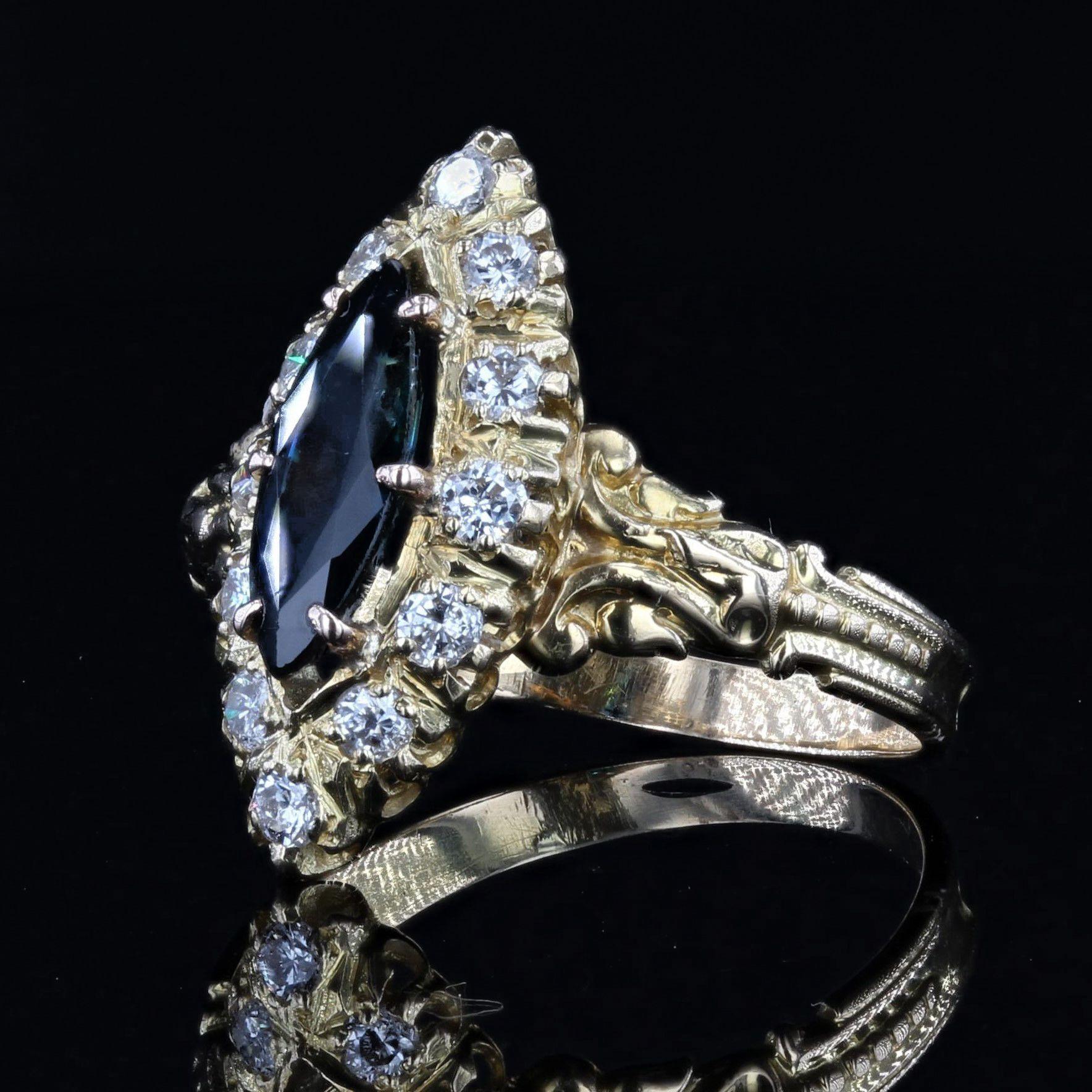 French Sapphire Diamonds 18 Karat Yellow Gold Shuttle Ring For Sale 2