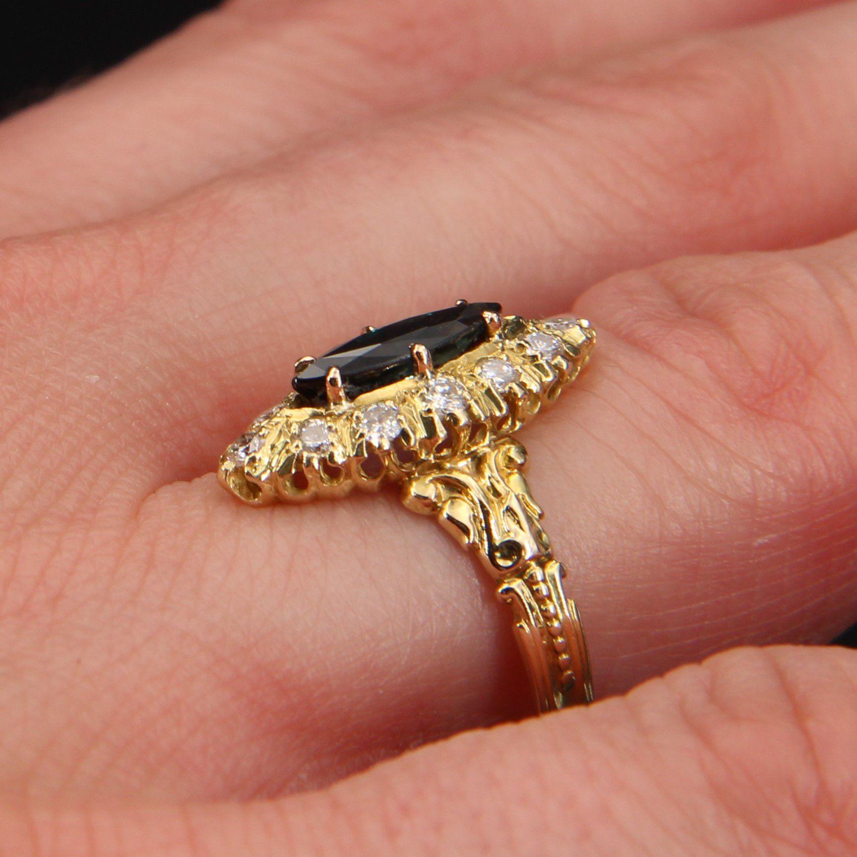 French Sapphire Diamonds 18 Karat Yellow Gold Shuttle Ring For Sale 3