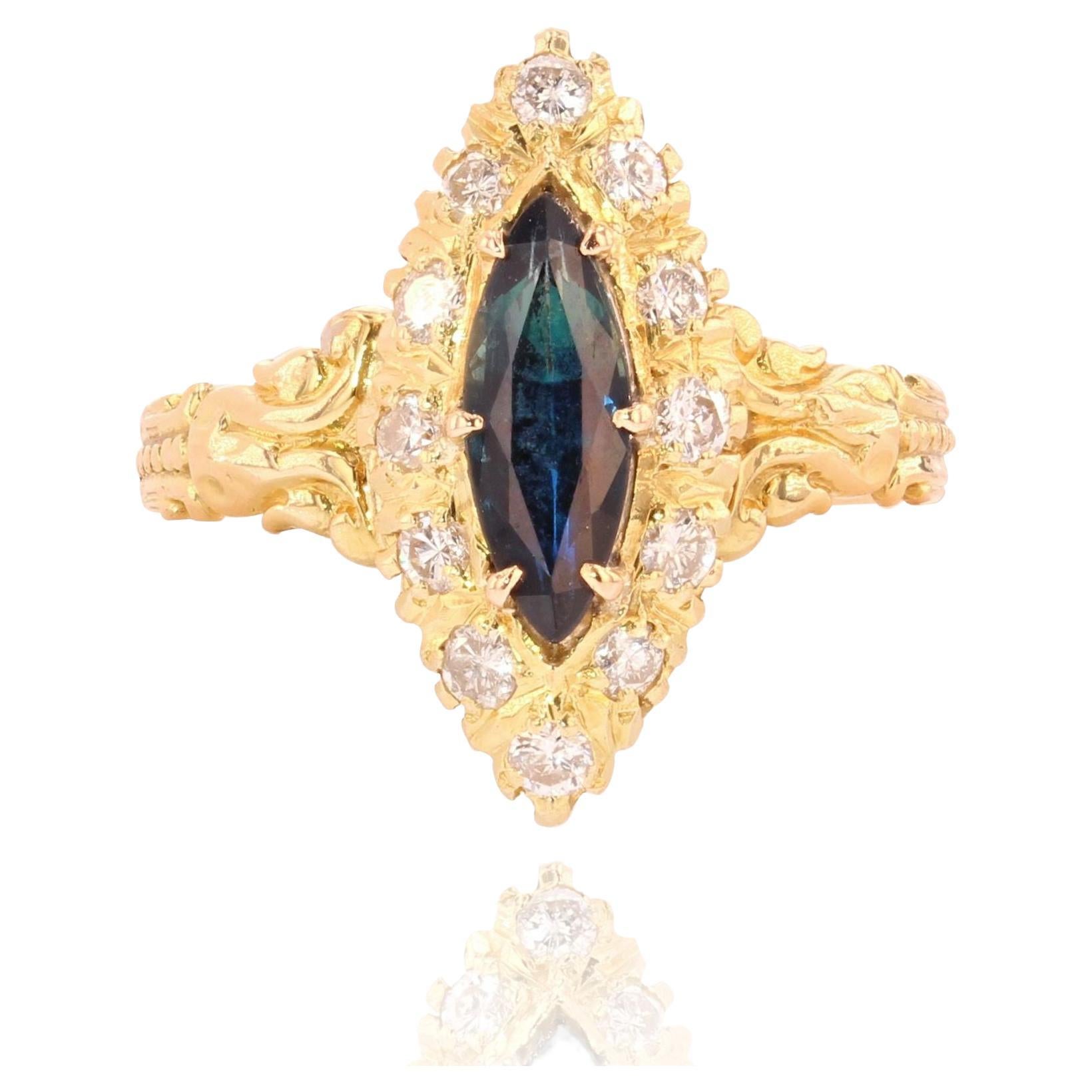 French Sapphire Diamonds 18 Karat Yellow Gold Shuttle Ring For Sale