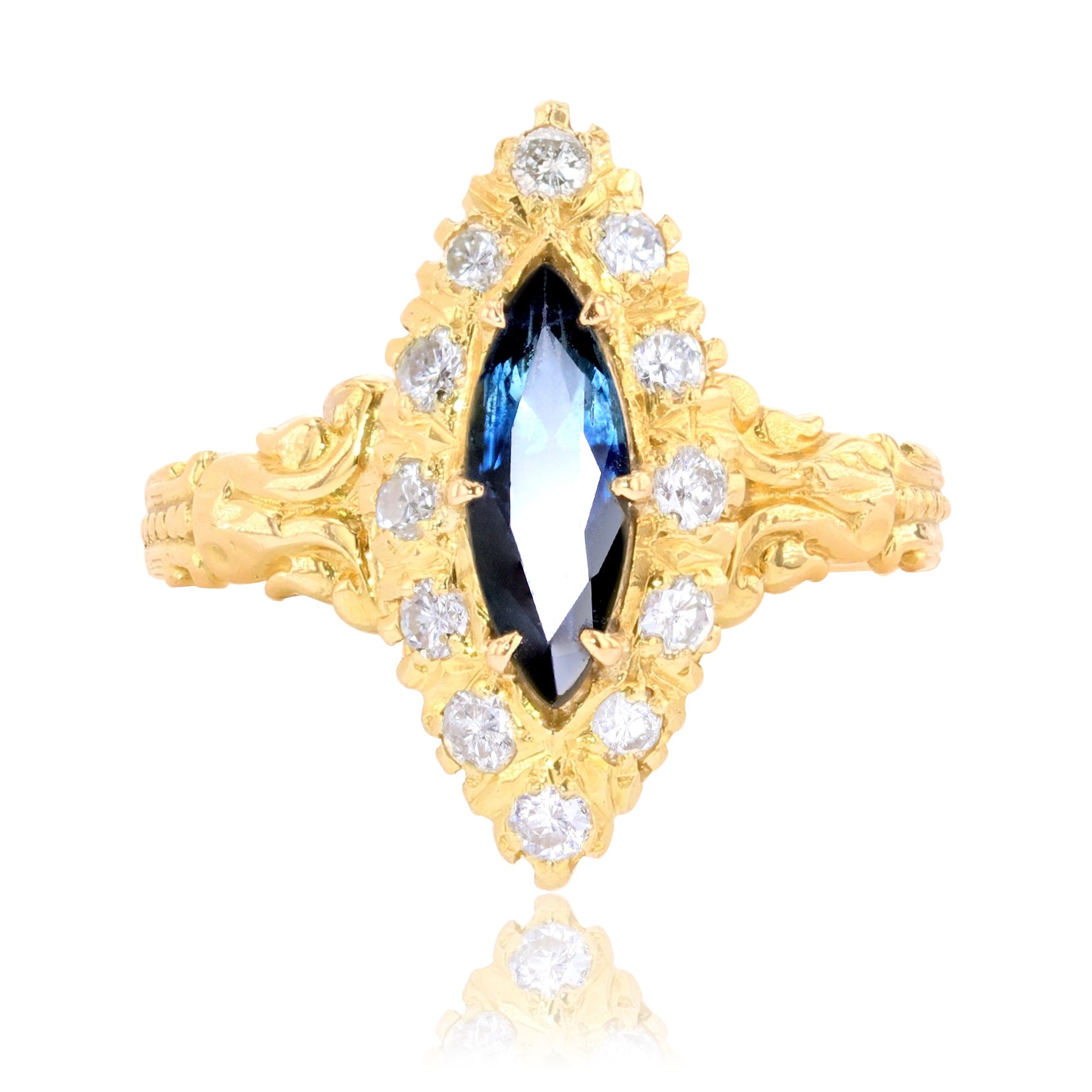 French Sapphire Diamonds 18 Karat Yellow Gold Shuttle Ring For Sale