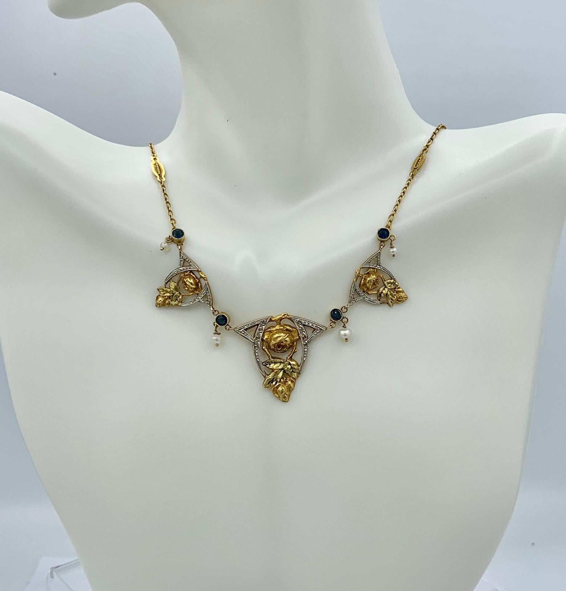 Antike französische Saphir-Perlen-Rosen-Garland-Halskette aus 18 Karat Gold aus der Belle Epoque (Belle Époque) im Angebot