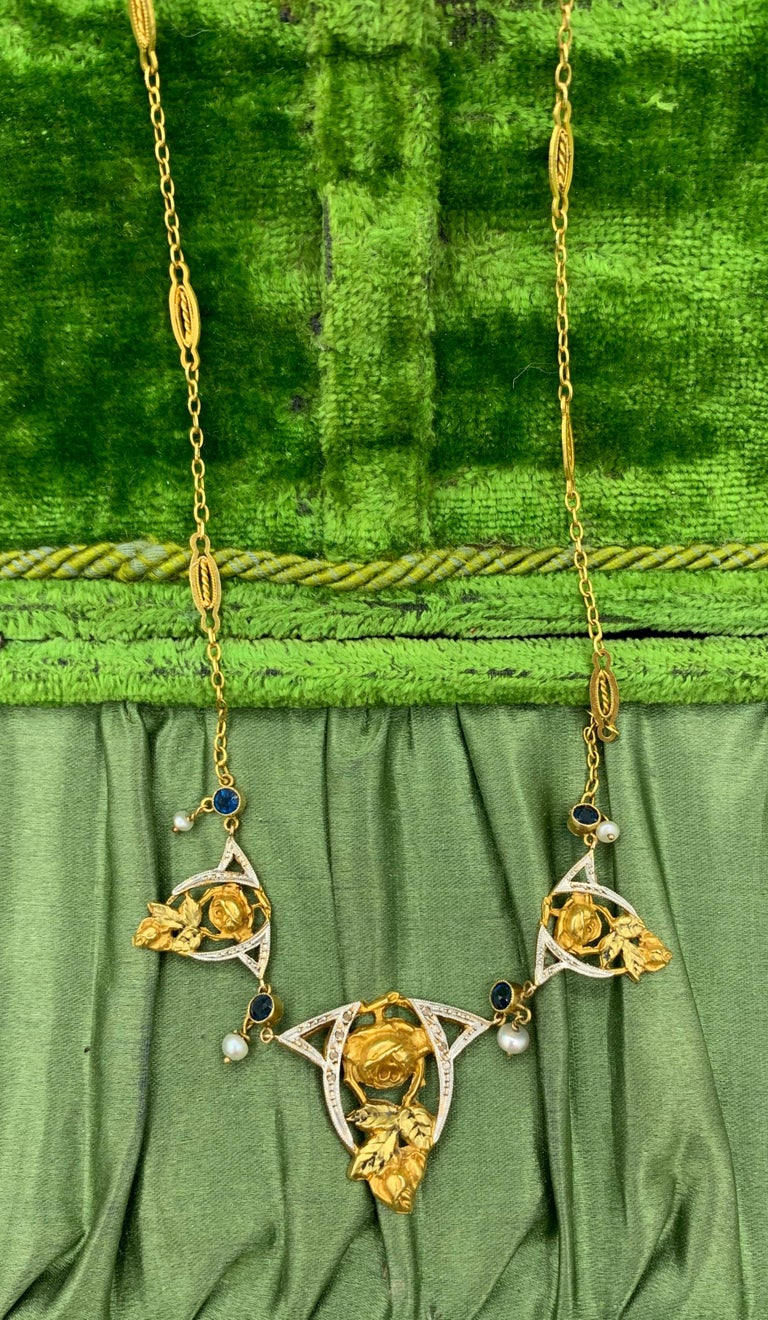 Collier Ancien En Or 18 Carats Avec Saphirs, Diamants Et Perles - Bijou Vintage Occasion