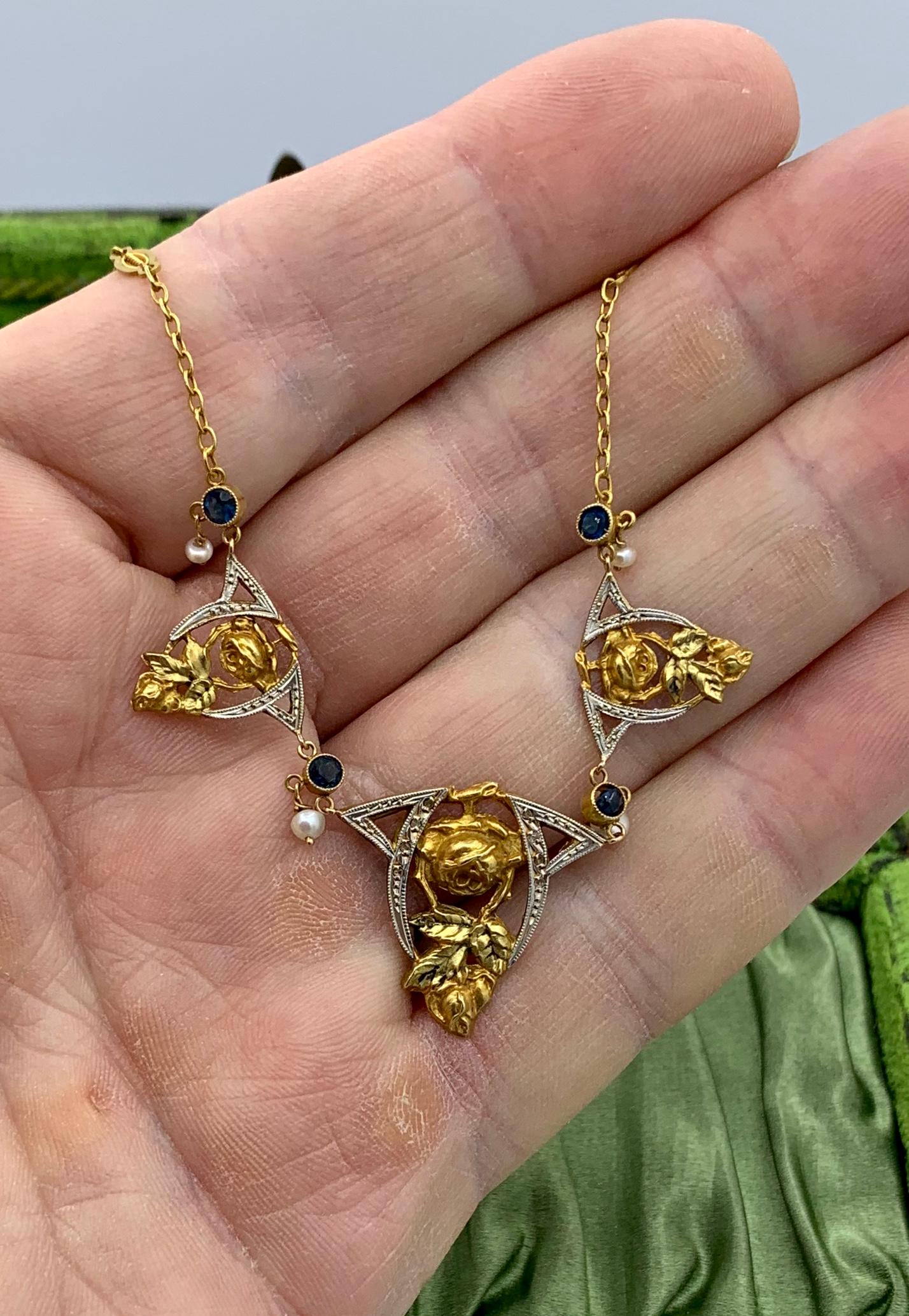 Antike französische Saphir-Perlen-Rosen-Garland-Halskette aus 18 Karat Gold aus der Belle Epoque im Angebot 2