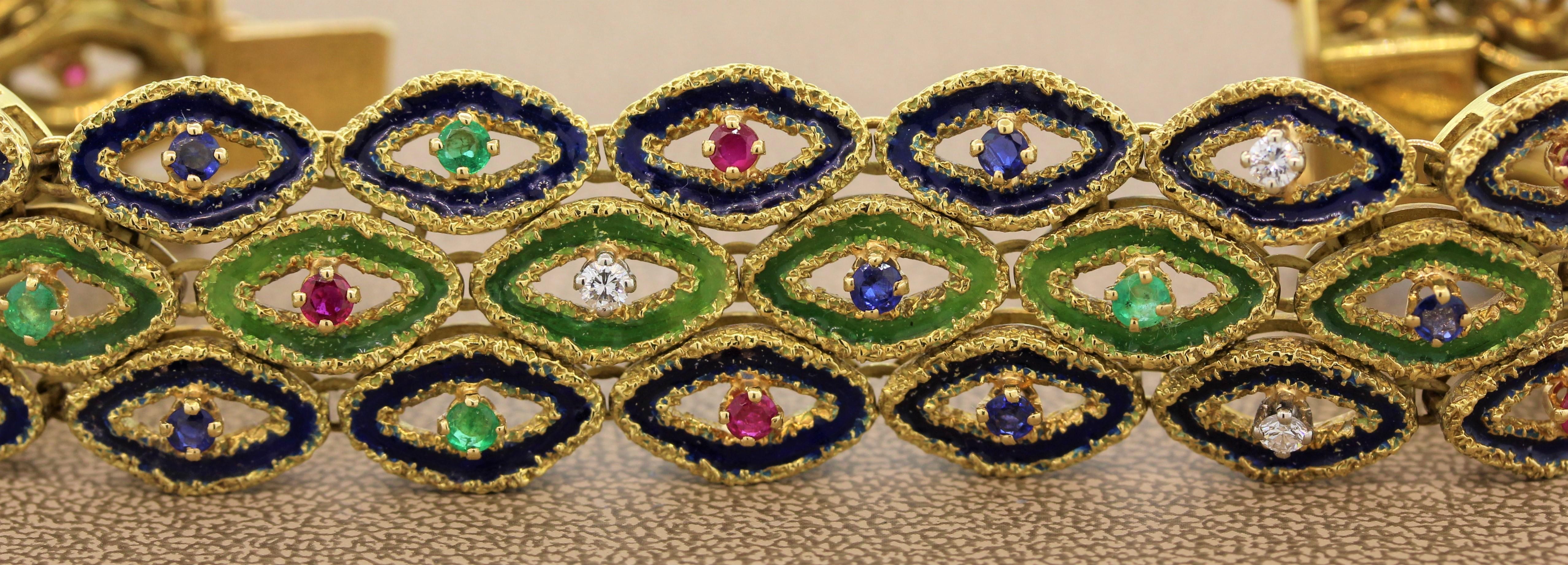 Women's French Sapphire Ruby Emerald Diamond Enamel Gold Bracelet For Sale