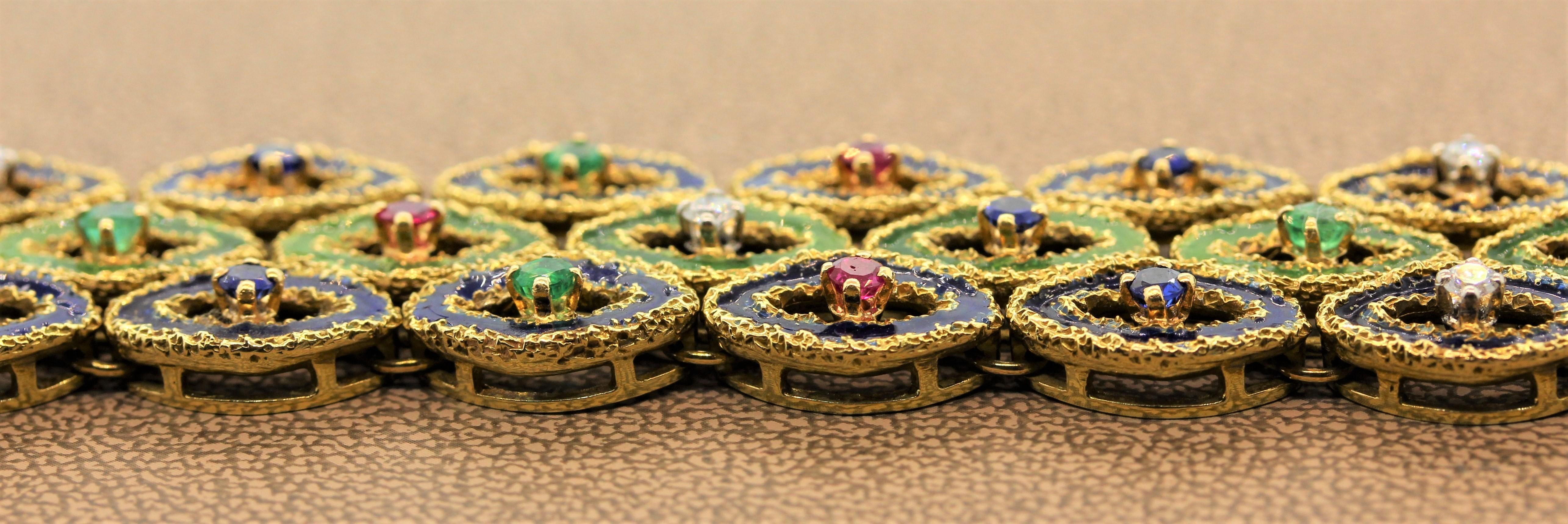 French Sapphire Ruby Emerald Diamond Enamel Gold Bracelet For Sale 1