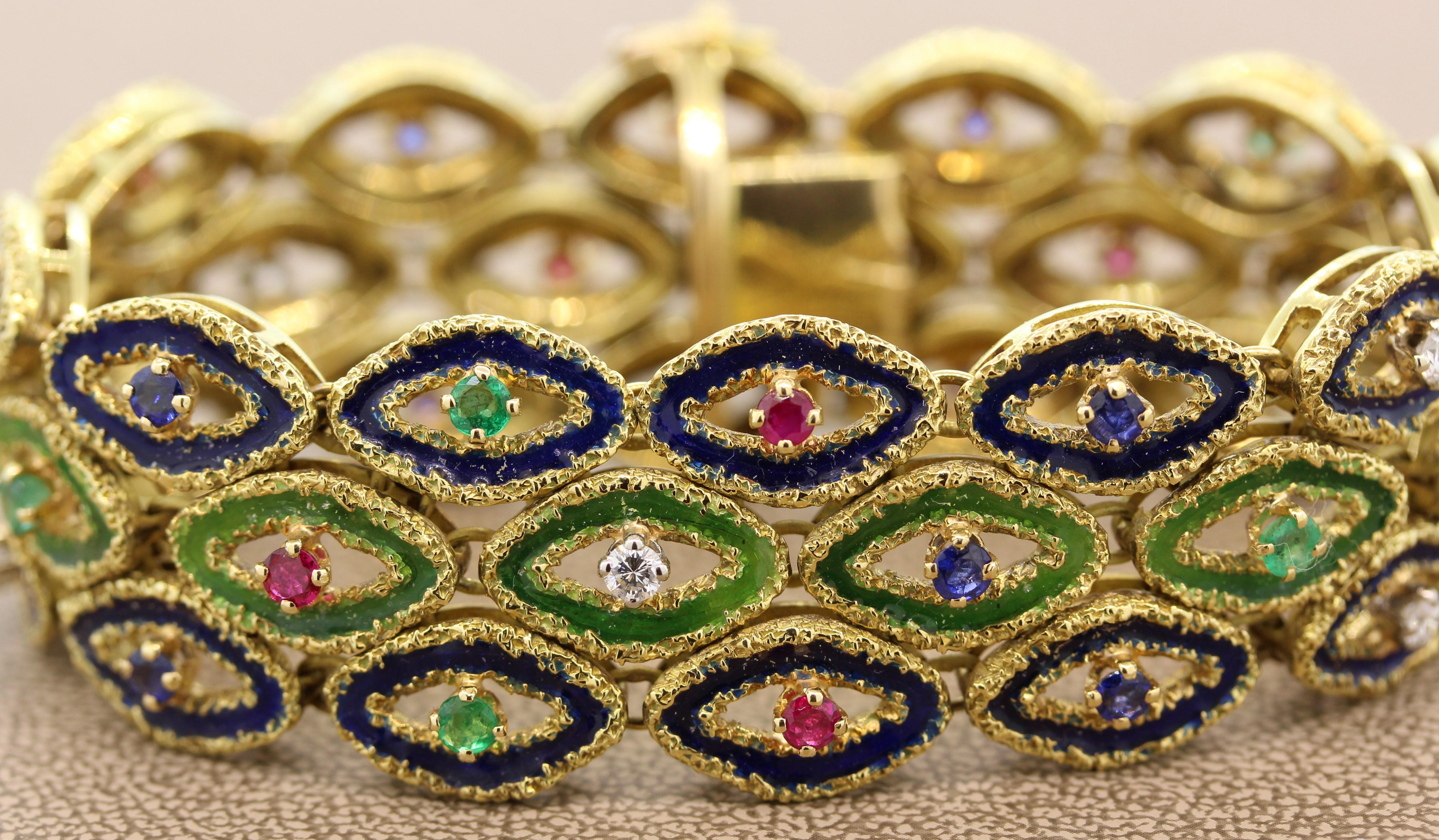 French Sapphire Ruby Emerald Diamond Enamel Gold Bracelet For Sale 2