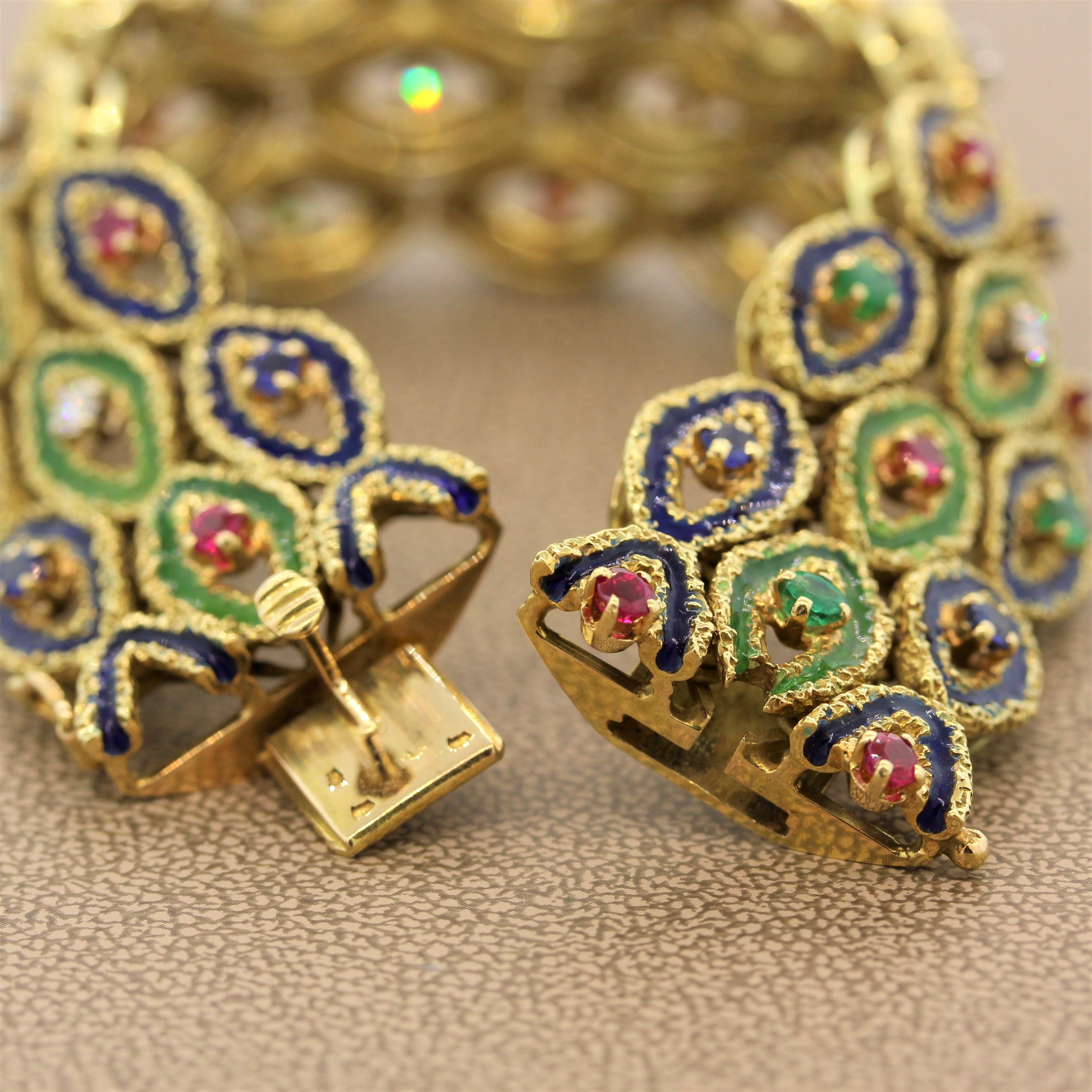French Sapphire Ruby Emerald Diamond Enamel Gold Bracelet For Sale 3