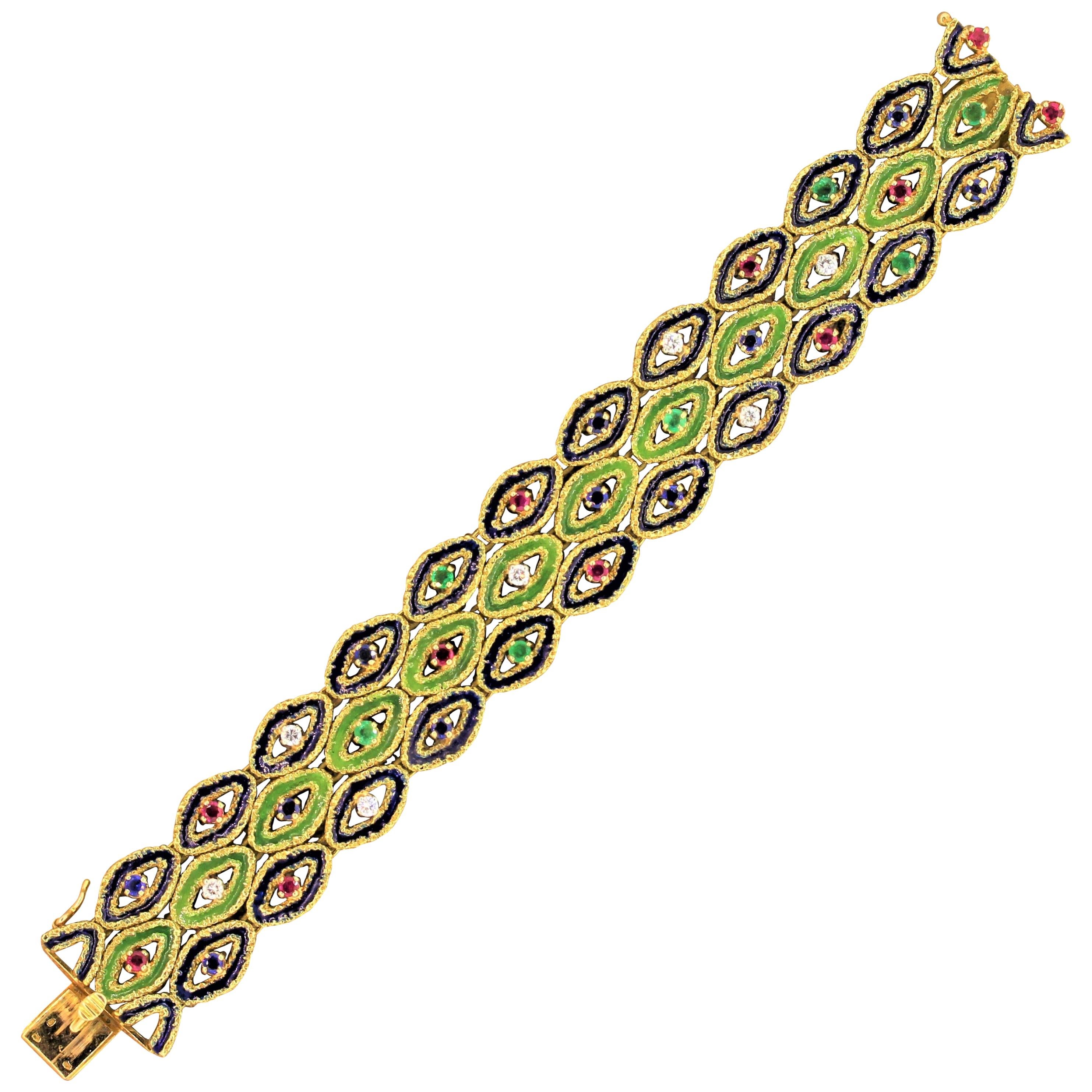 Bracelet français en or avec saphirs, rubis, émeraudes, diamants et émail