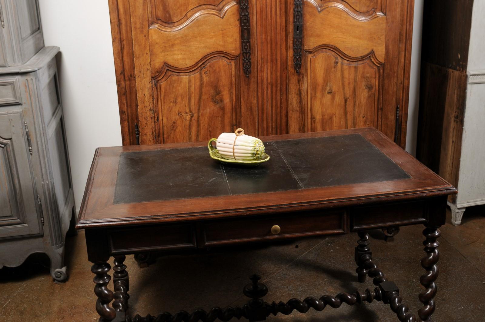 French Sarreguemines 19th Century Majolica Lidded Asparagus Dish on Leafy Plate 6
