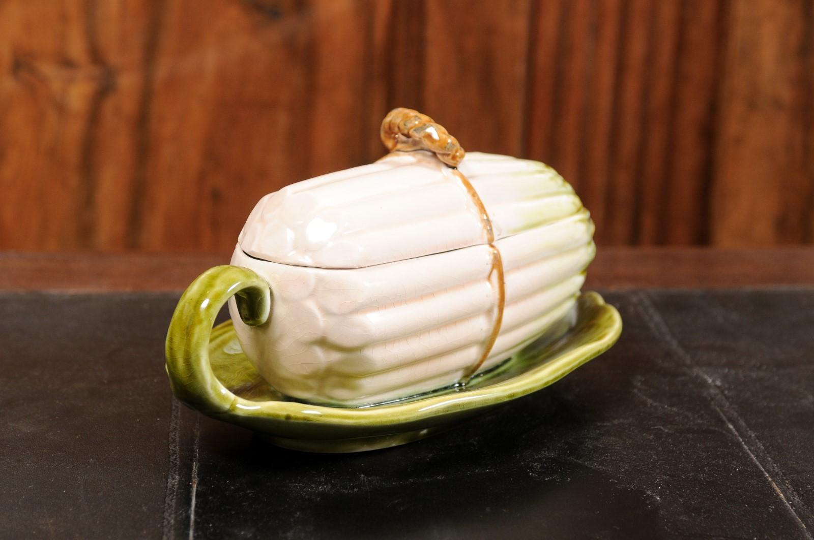 French Sarreguemines 19th Century Majolica Lidded Asparagus Dish on Leafy Plate 8