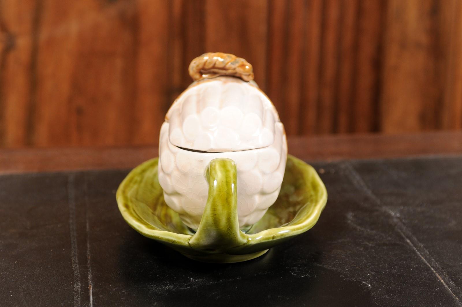 French Sarreguemines 19th Century Majolica Lidded Asparagus Dish on Leafy Plate 9
