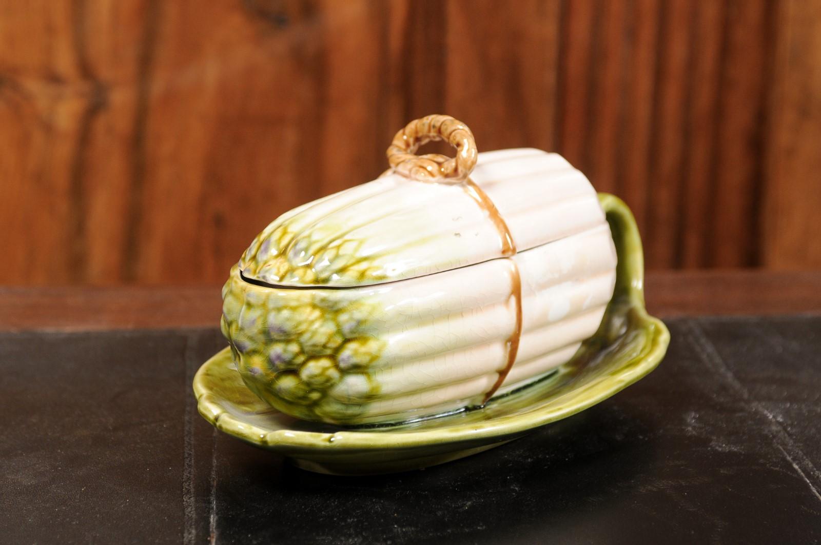 Glazed French Sarreguemines 19th Century Majolica Lidded Asparagus Dish on Leafy Plate