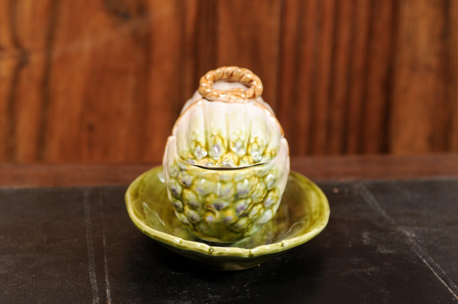 French Sarreguemines 19th Century Majolica Lidded Asparagus Dish on Leafy Plate In Good Condition In Atlanta, GA