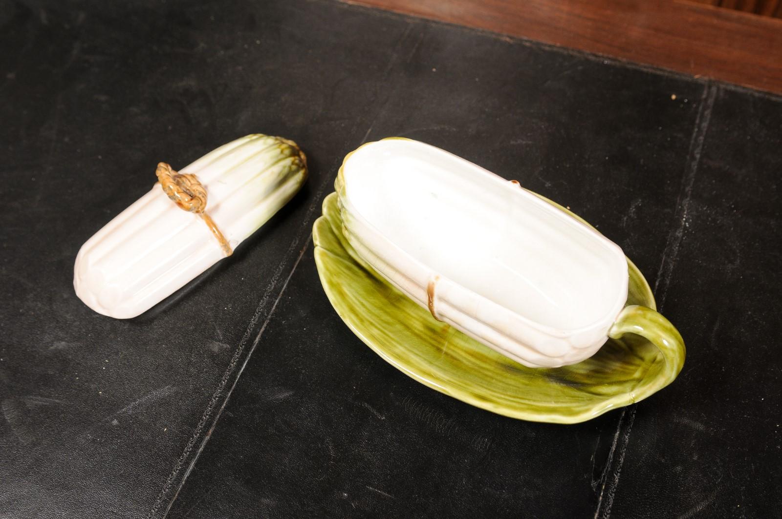 French Sarreguemines 19th Century Majolica Lidded Asparagus Dish on Leafy Plate 4