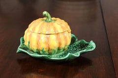 French Sarreguemines 19th Century Majolica Lidded Pumpkin with Green Leaf Dish