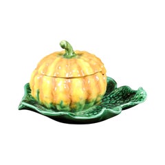Antique French Sarreguemines 19th Century Majolica Lidded Pumpkin with Green Leaf Dish