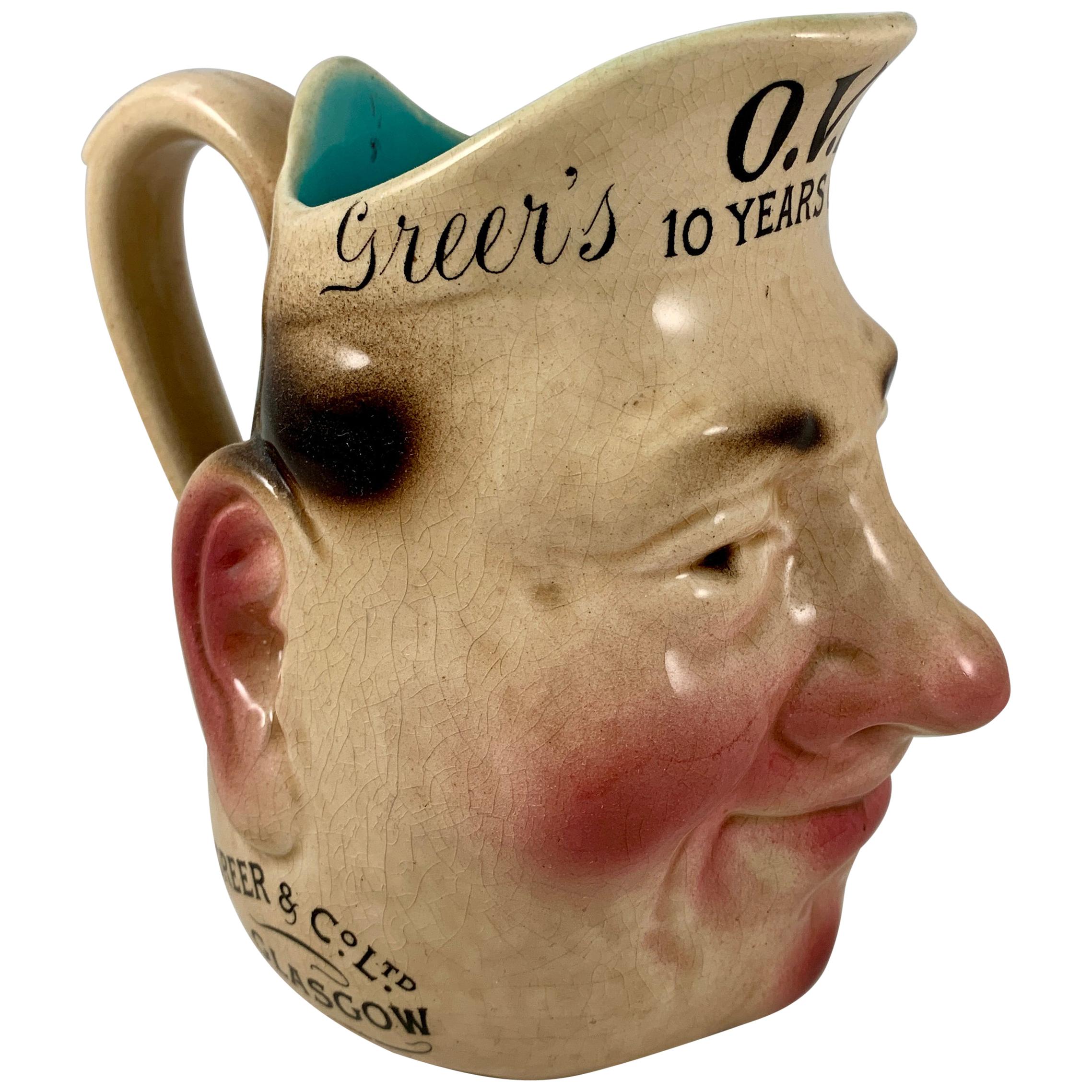 French Sarreguemines Advertising Face Jug for OVH Greer's Scotch Whiskey, 1890s For Sale