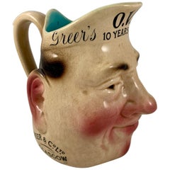 French Sarreguemines Advertising Face Jug for OVH Greer's Scotch Whiskey, 1890s
