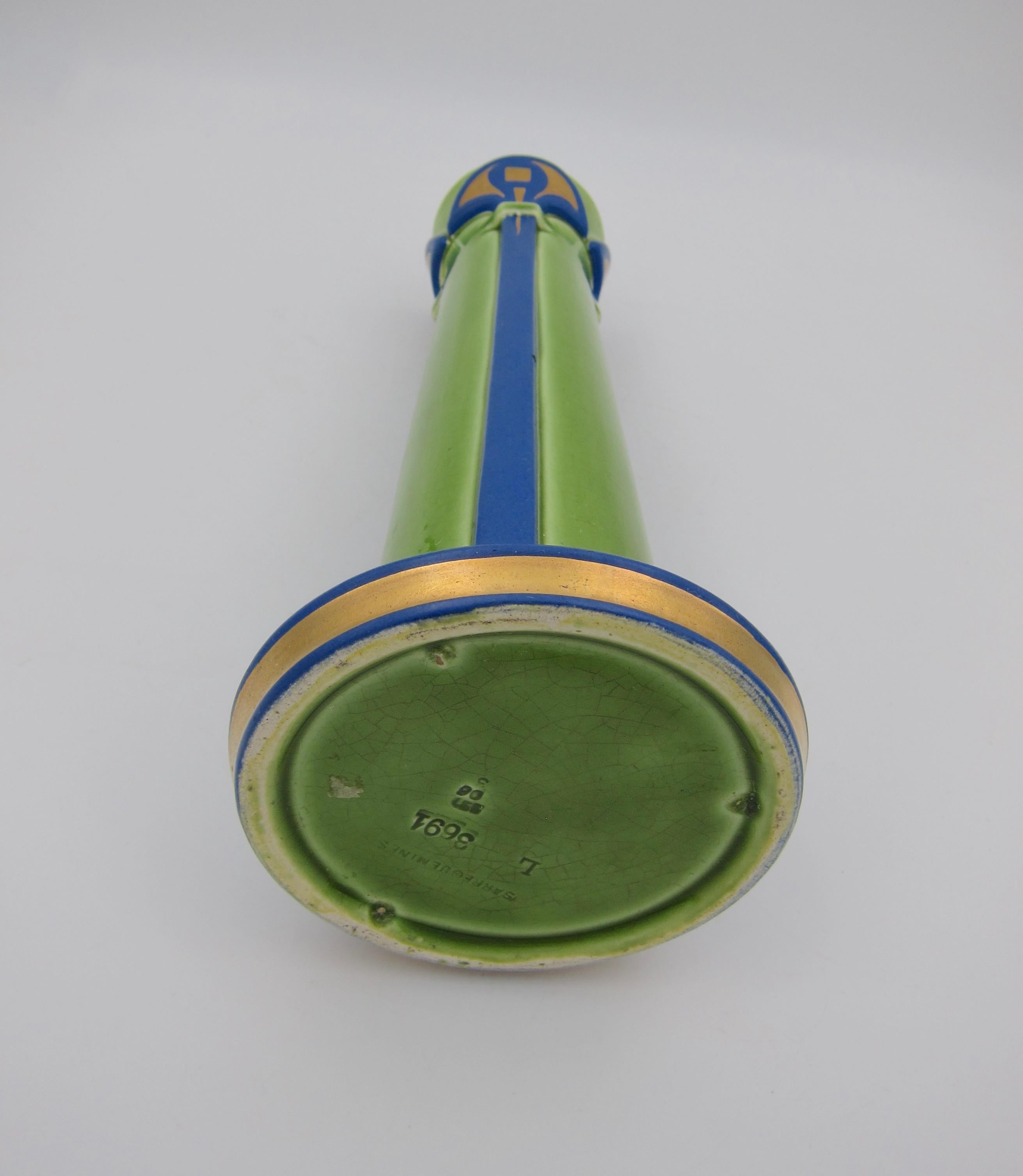 Earthenware French Sarreguemines Art Pottery Vase in Blue, Green and Gold, Marked 1906