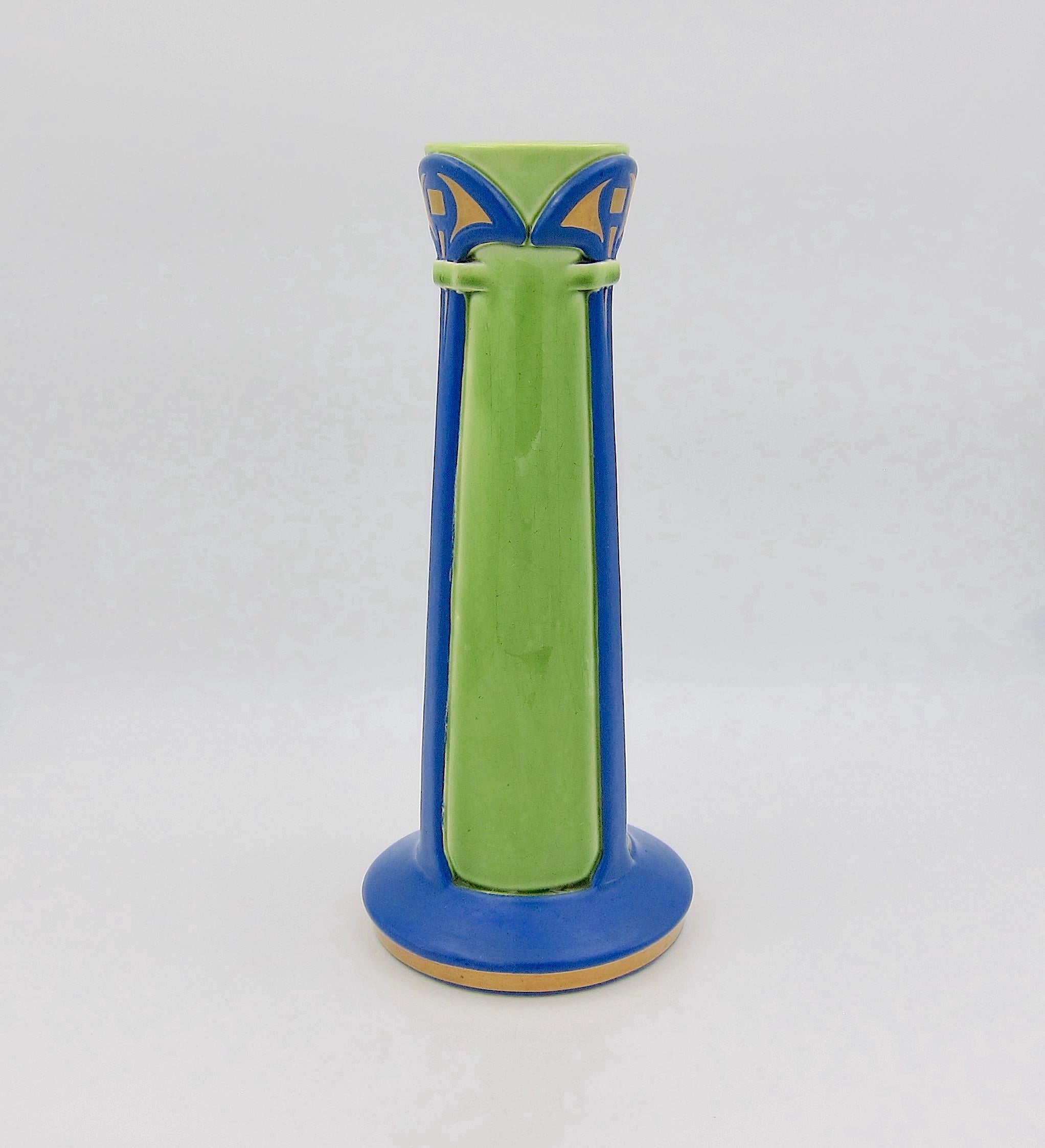 Art Deco French Sarreguemines Art Pottery Vase in Blue, Green and Gold, Marked 1906