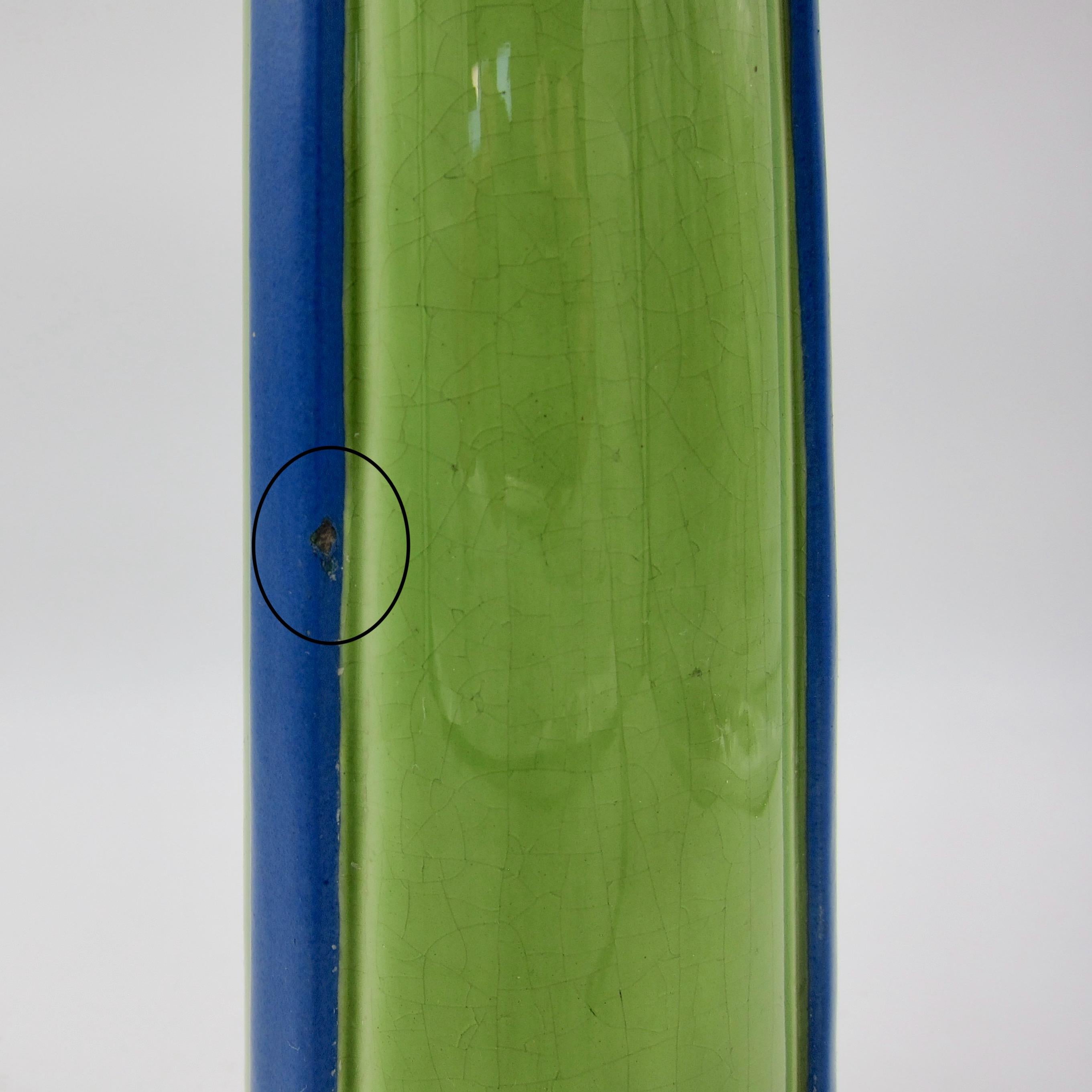 Glazed French Sarreguemines Art Pottery Vase in Blue, Green and Gold, Marked 1906