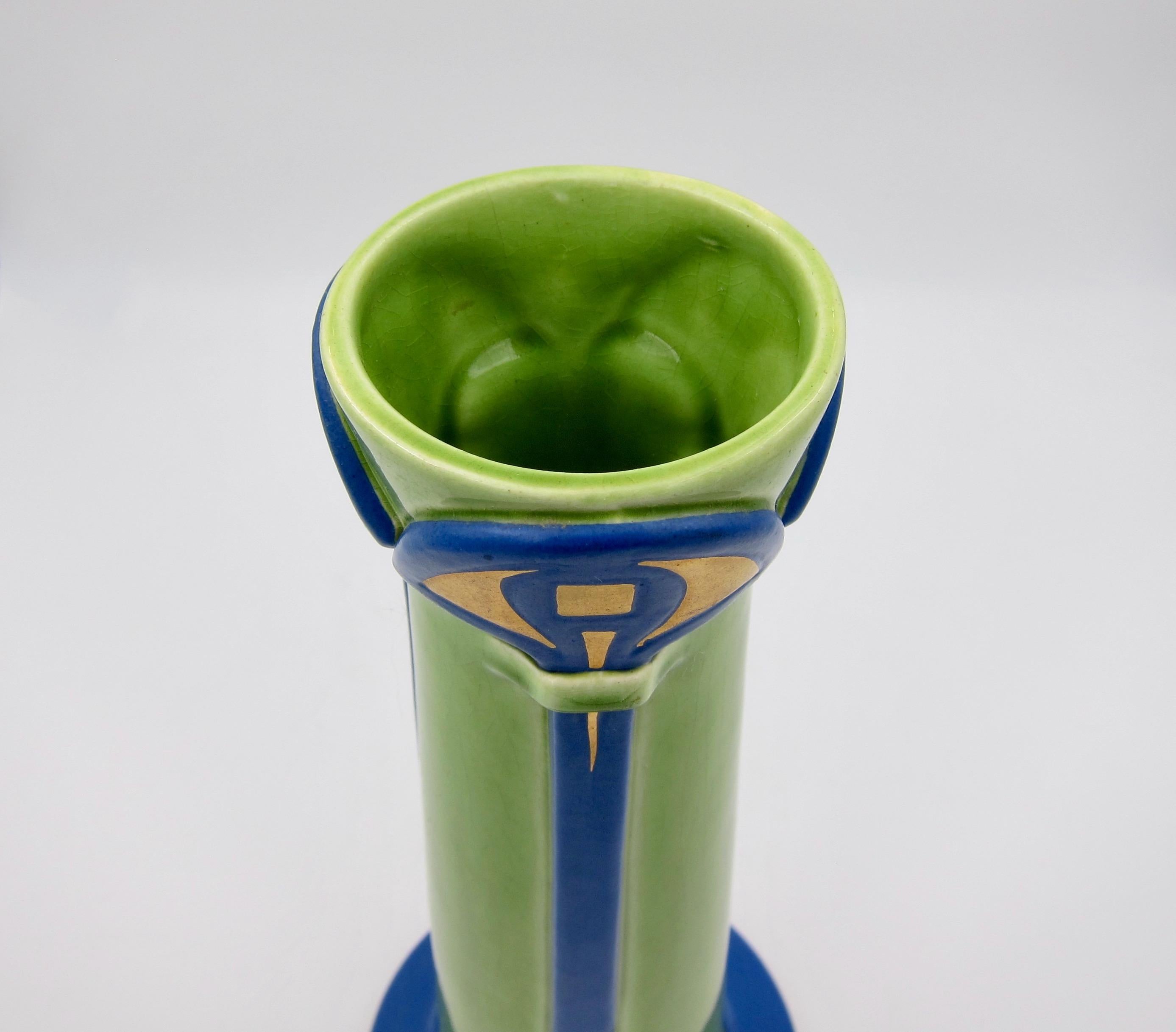 French Sarreguemines Art Pottery Vase in Blue, Green and Gold, Marked 1906 In Good Condition In Los Angeles, CA