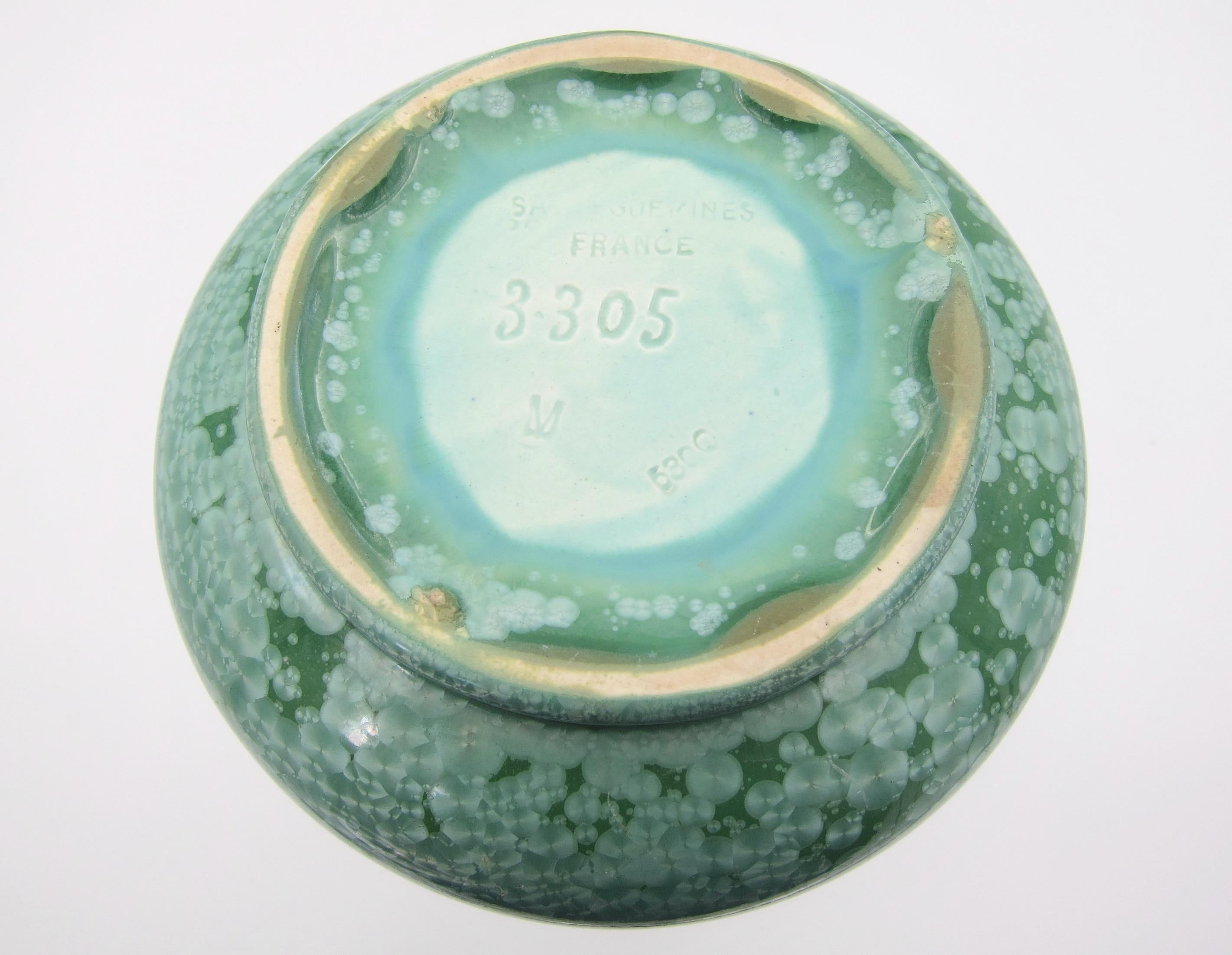 French Sarreguemines Art Pottery Vase with Green Crystalline Glaze, circa 1920s 3