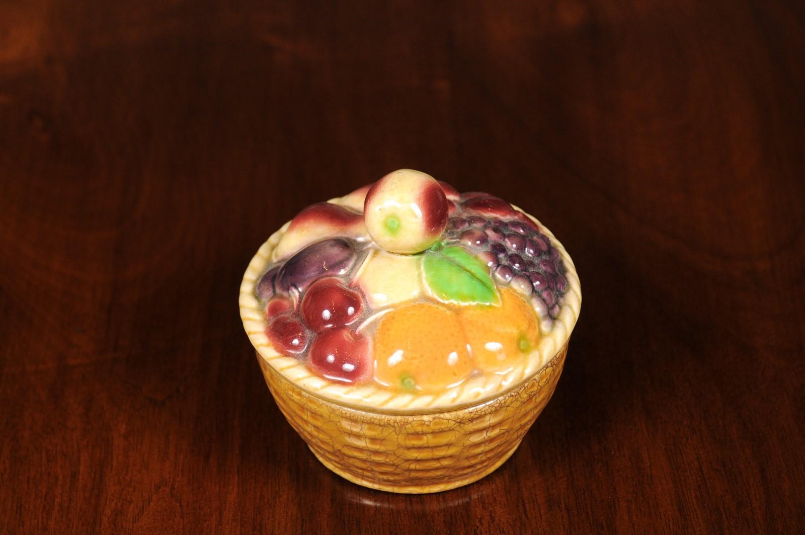 French Sarreguemines Late 19th Century Majolica Lidded Dish with Fruit Motifs 2
