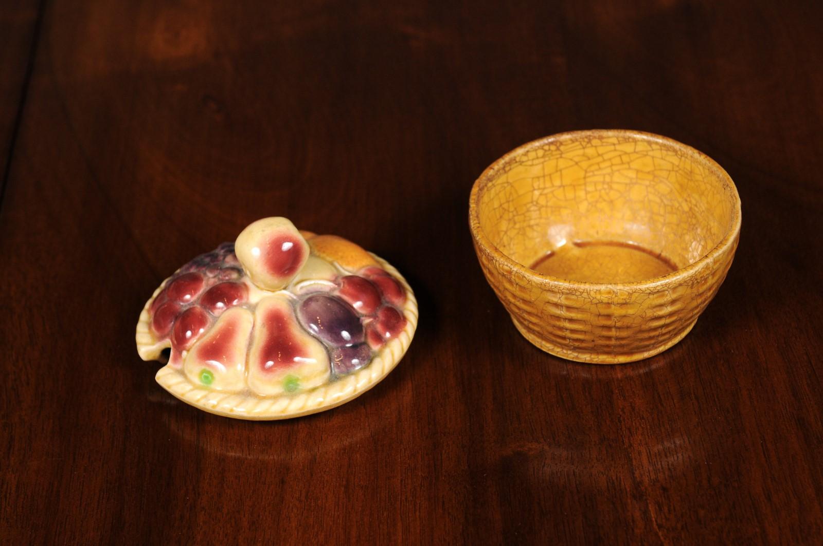 French Sarreguemines Late 19th Century Majolica Lidded Dish with Fruit Motifs 4