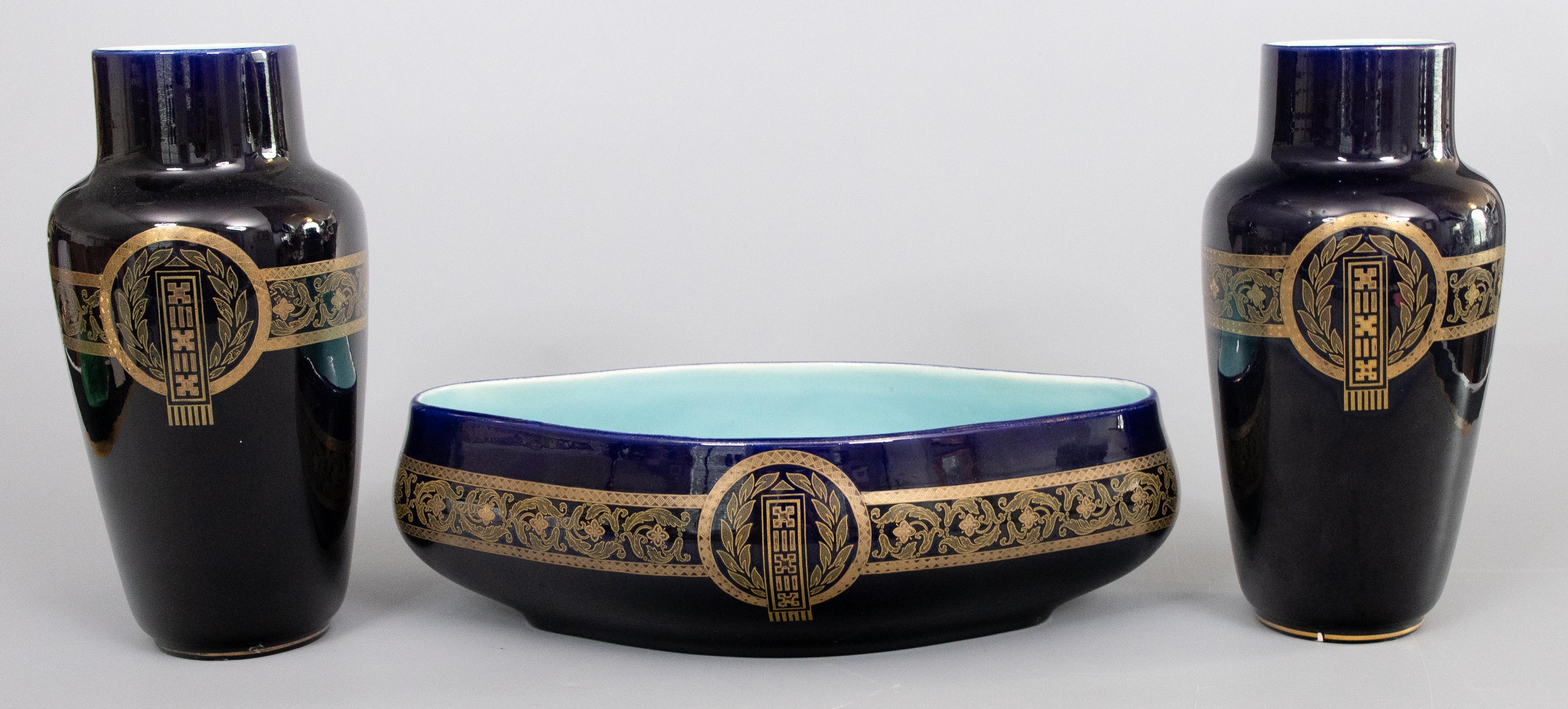 French Sarreguemines Majolica Cobalt Blue & Gilt Oval Centerpiece Bowl, c. 1900 For Sale 6
