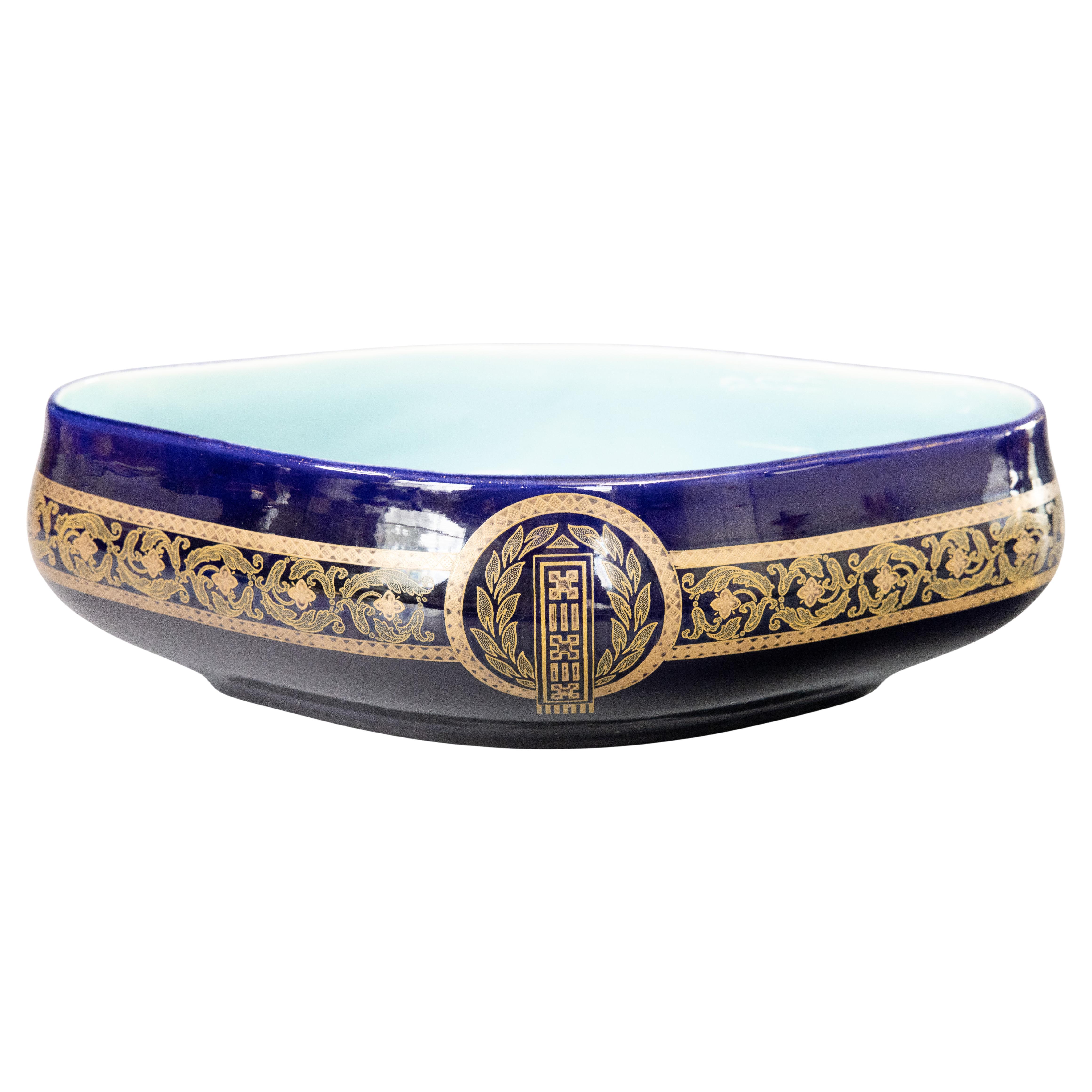 French Sarreguemines Majolica Cobalt Blue & Gilt Oval Centerpiece Bowl, c. 1900 For Sale