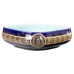 French Sarreguemines Majolica Cobalt Blue & Gilt Oval Centerpiece Bowl, c. 1900
