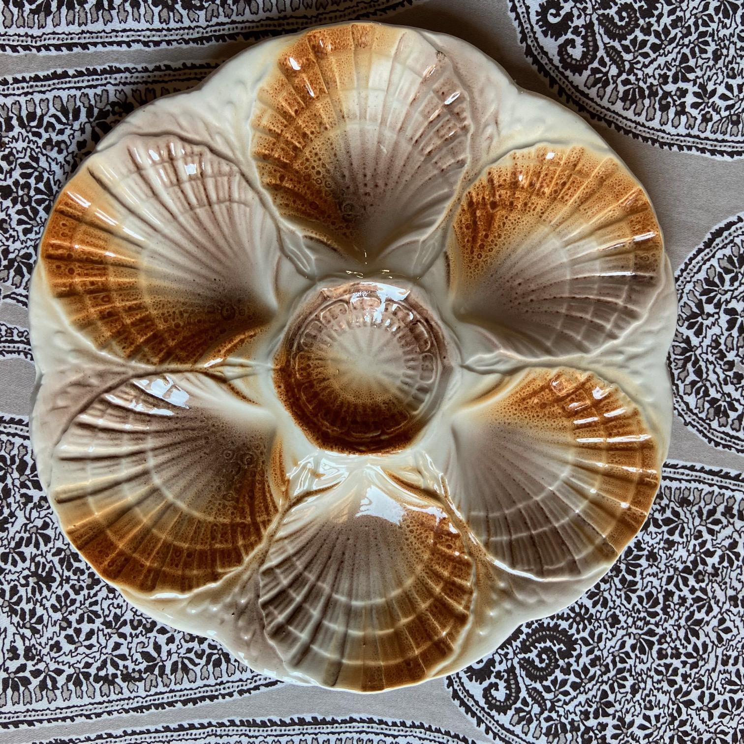 Glazed French Sarreguemines Majolica Oyster Shell Plates, set of 6 For Sale