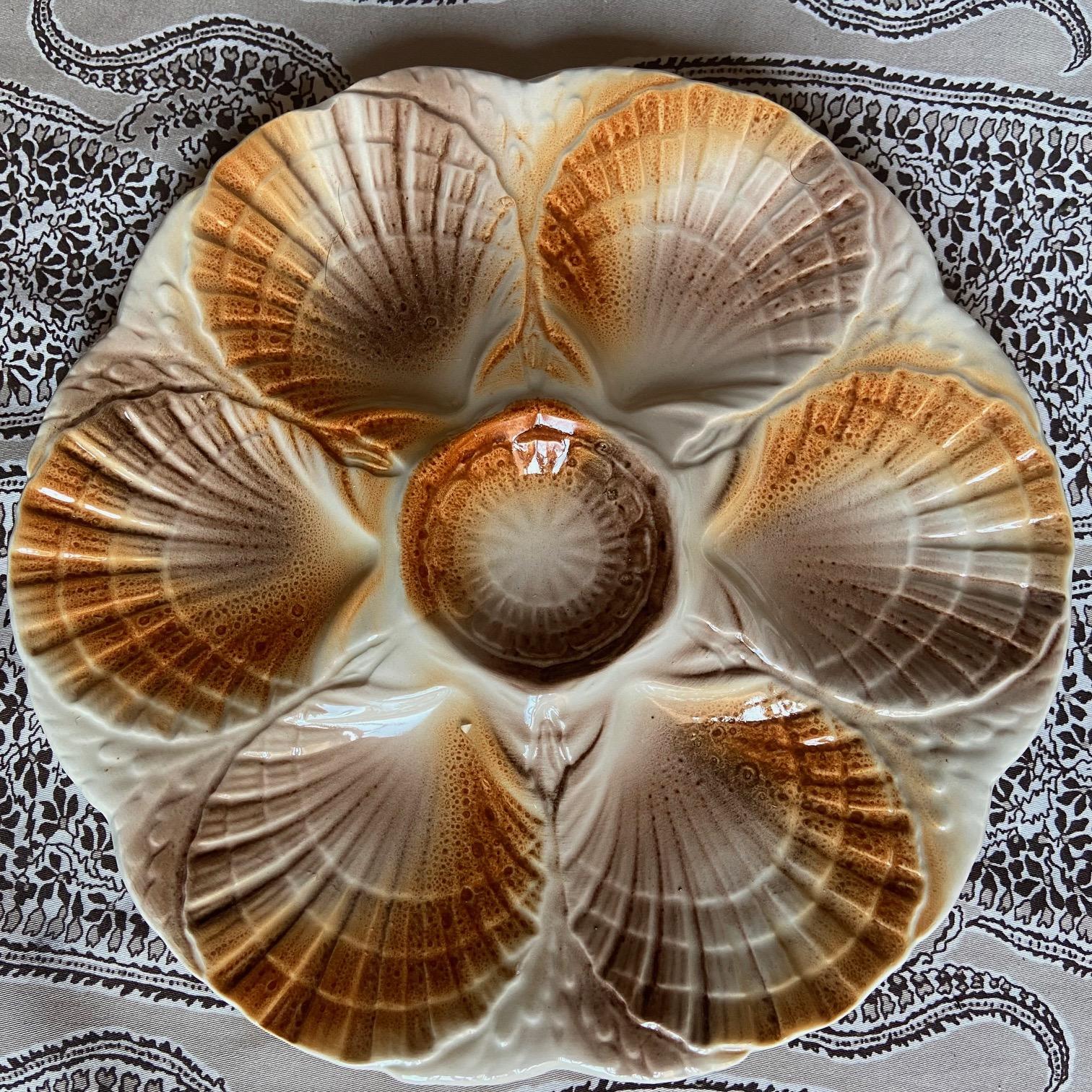 Glazed French Sarreguemines Majolica Oyster Shell Plates, set of 6 For Sale