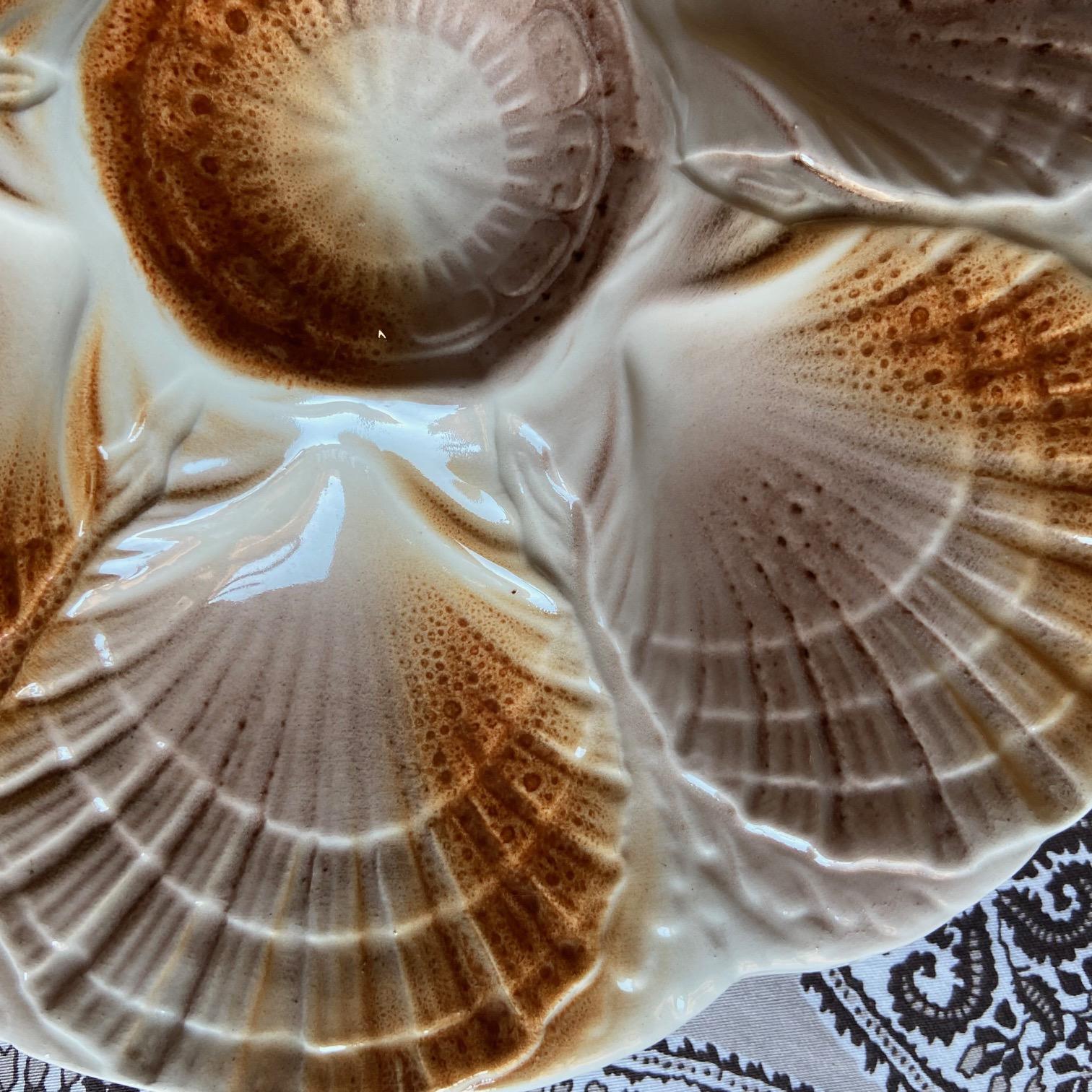 Ceramic French Sarreguemines Majolica Oyster Shell Plates, set of 6 For Sale