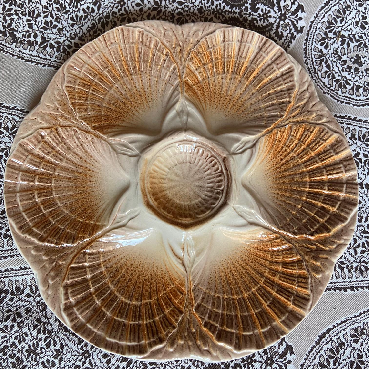 Ceramic French Sarreguemines Majolica Oyster Shell Plates, set of 6 For Sale