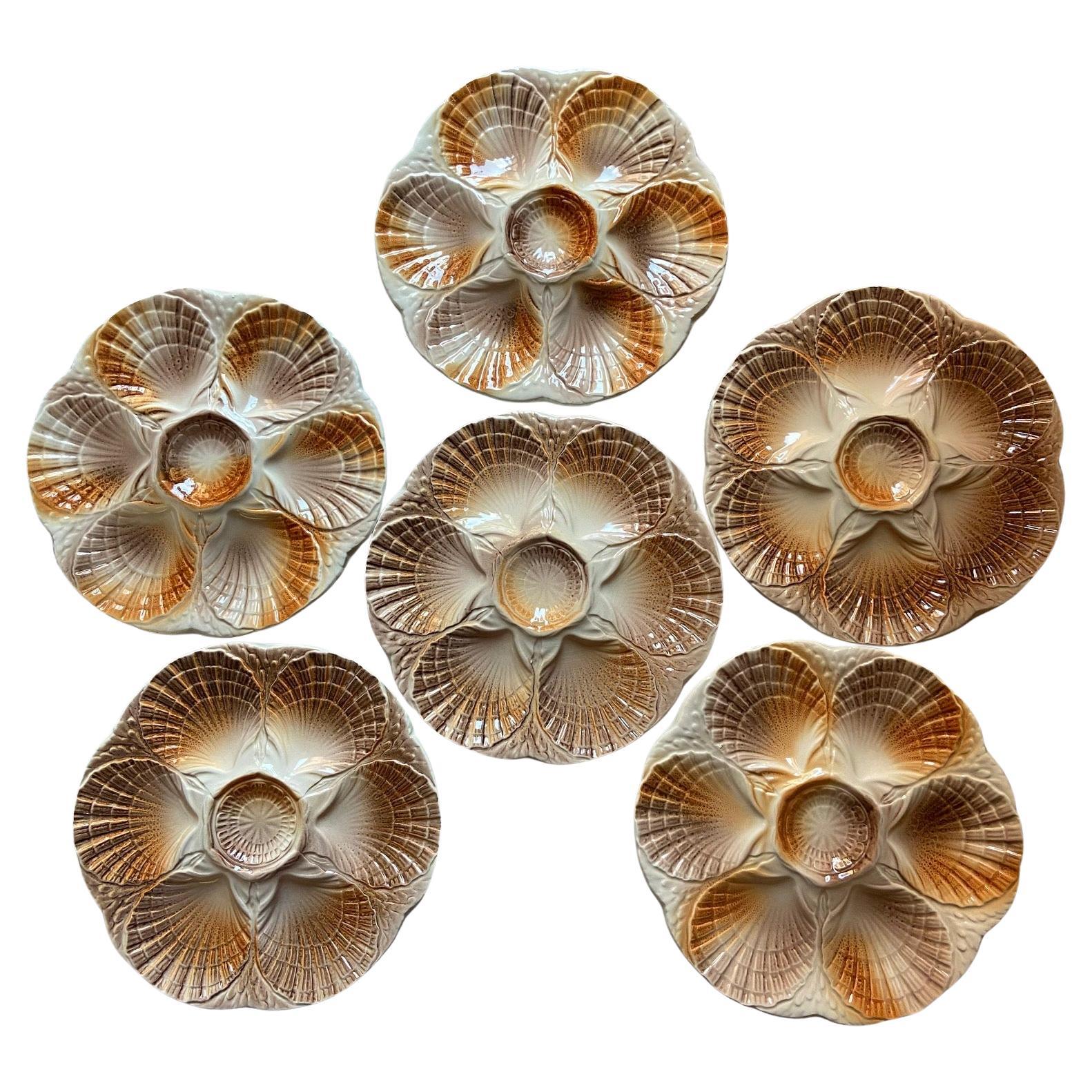 French Sarreguemines Majolica Oyster Shell Plates, set of 6 For Sale
