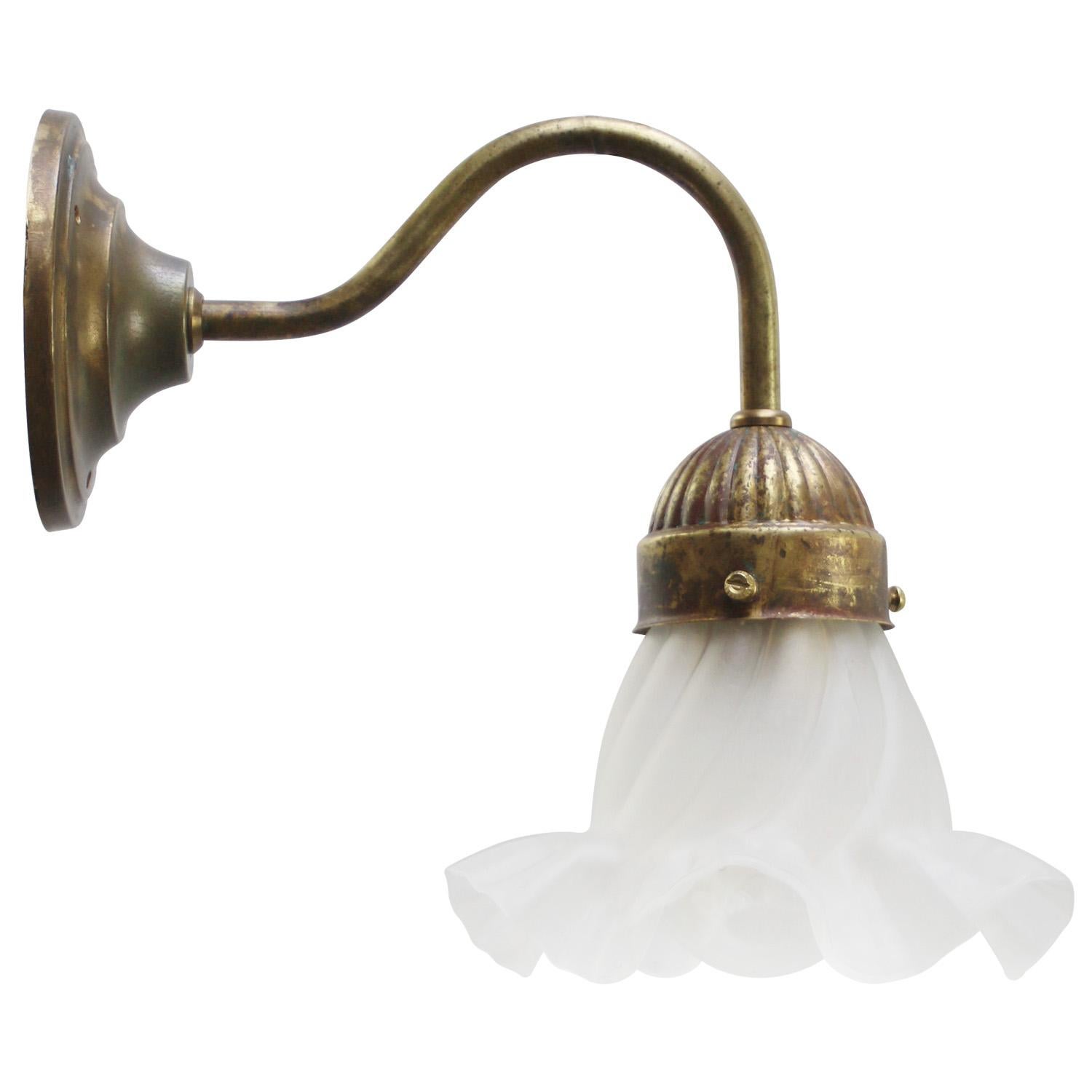 Art Nouveau French Satin Glass Brass Flower Sconces Wall Lamps For Sale