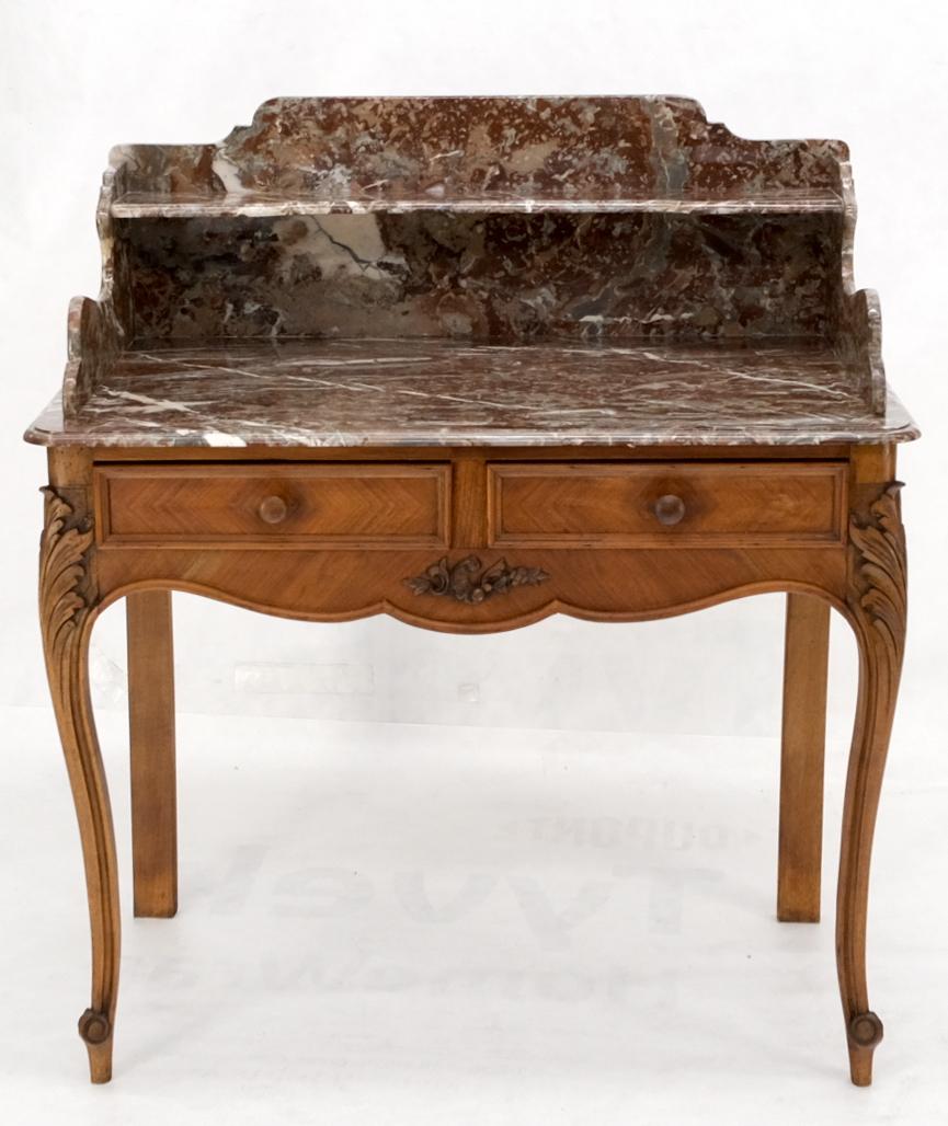 Victorian French Satin Wood Marble Top Two Drawers Console Hall Table Writing Desk