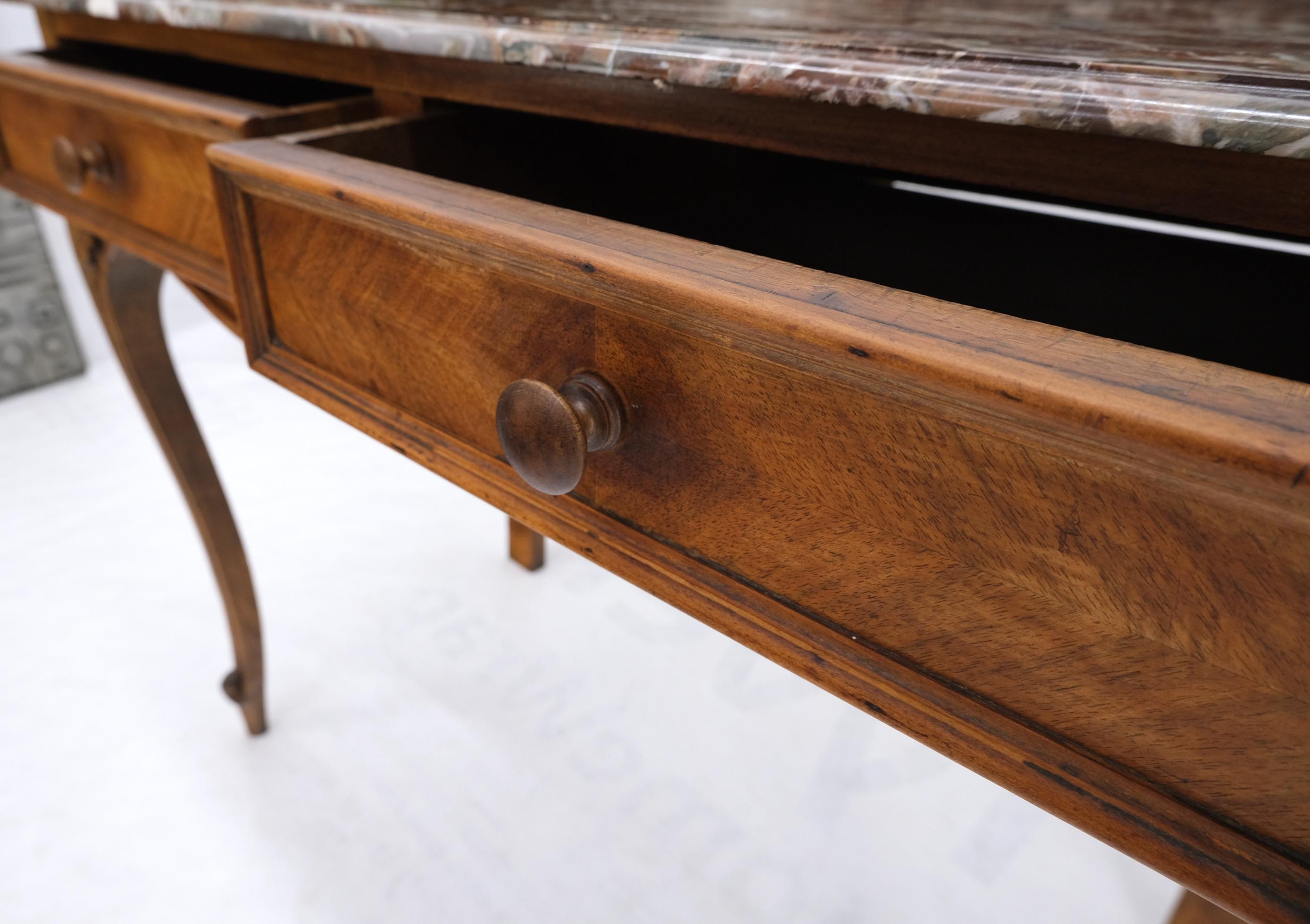 French Satin Wood Marble Top Two Drawers Console Hall Table Writing Desk In Good Condition In Rockaway, NJ