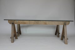 French Sawhorse and Glass Coffee or Cocktail Table
