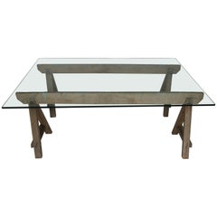 Used French Sawhorse and Glass Coffee or Cocktail Table