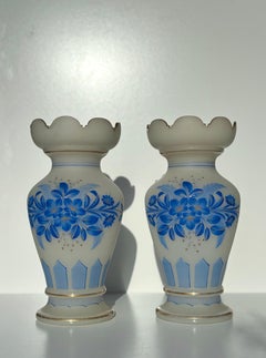 French Scalloped Blue Floral Glass Vases, circa 1940s